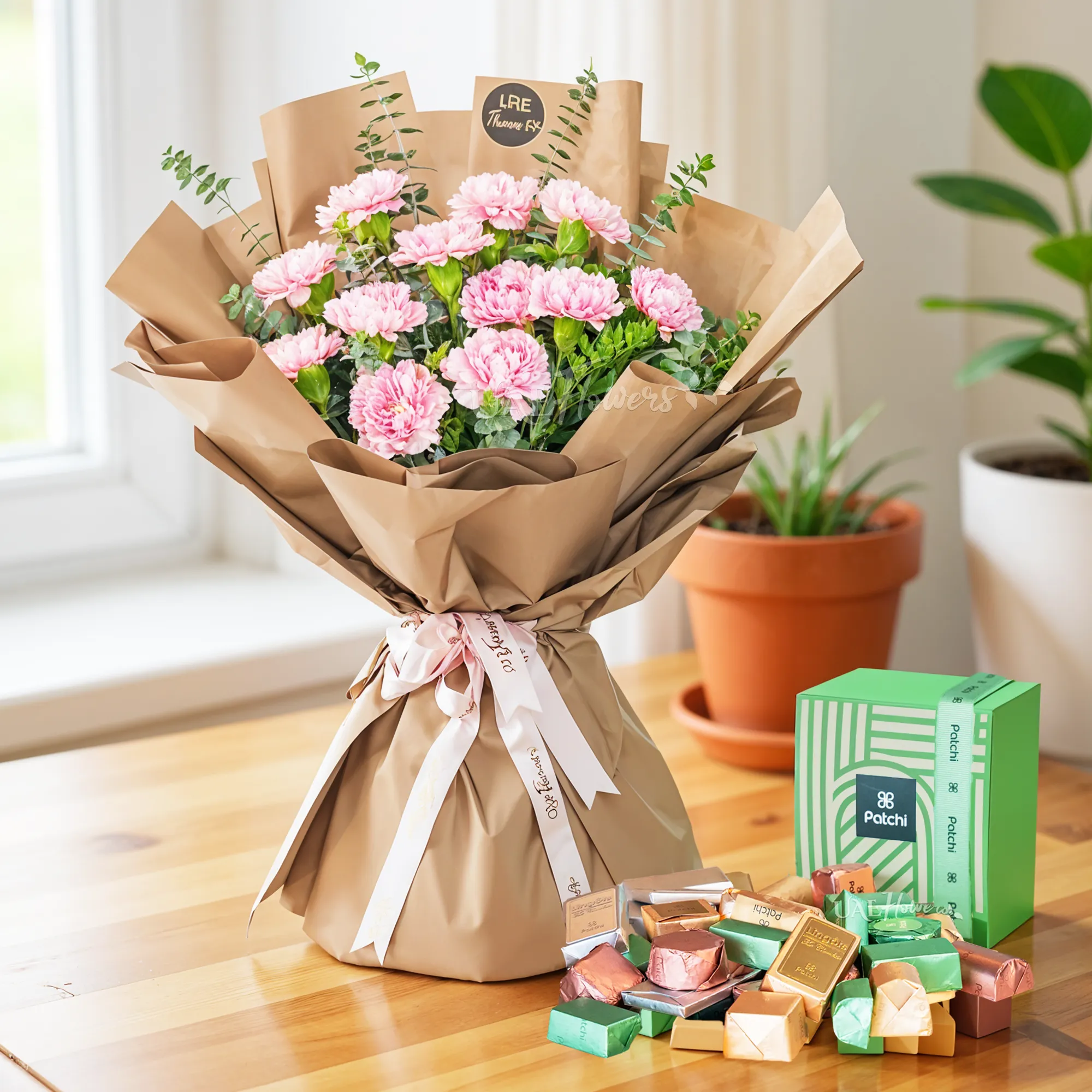 12 Pink Carnations with 250g Patchi Chocolates