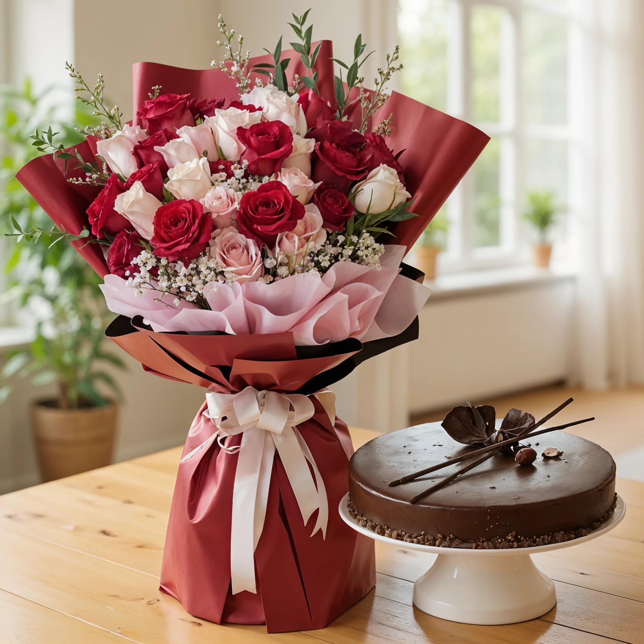 20 Red & Pink Roses with 1Kg Chocolate Cake