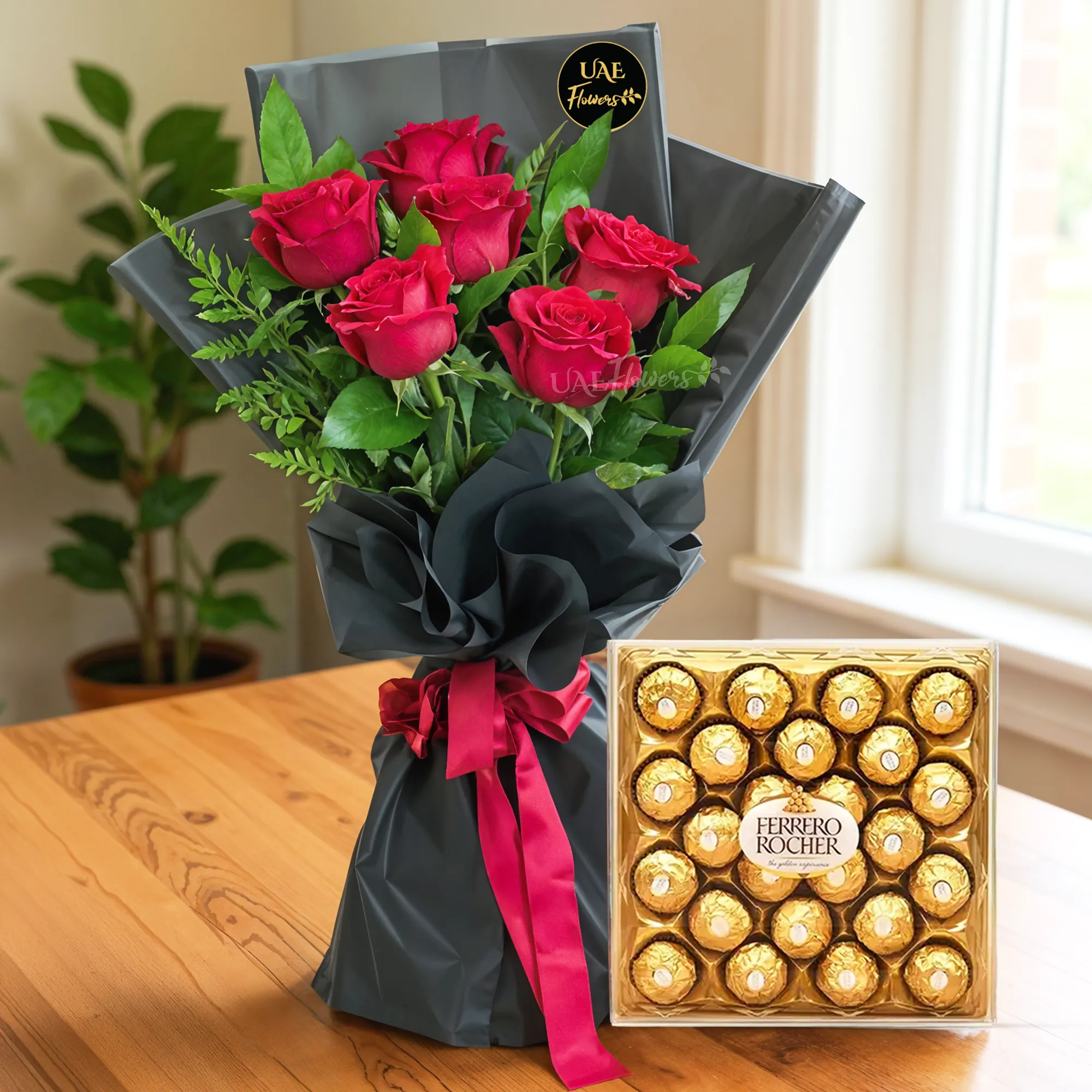 6 Red Rose Bouquet with 24 Ferrero Rocher