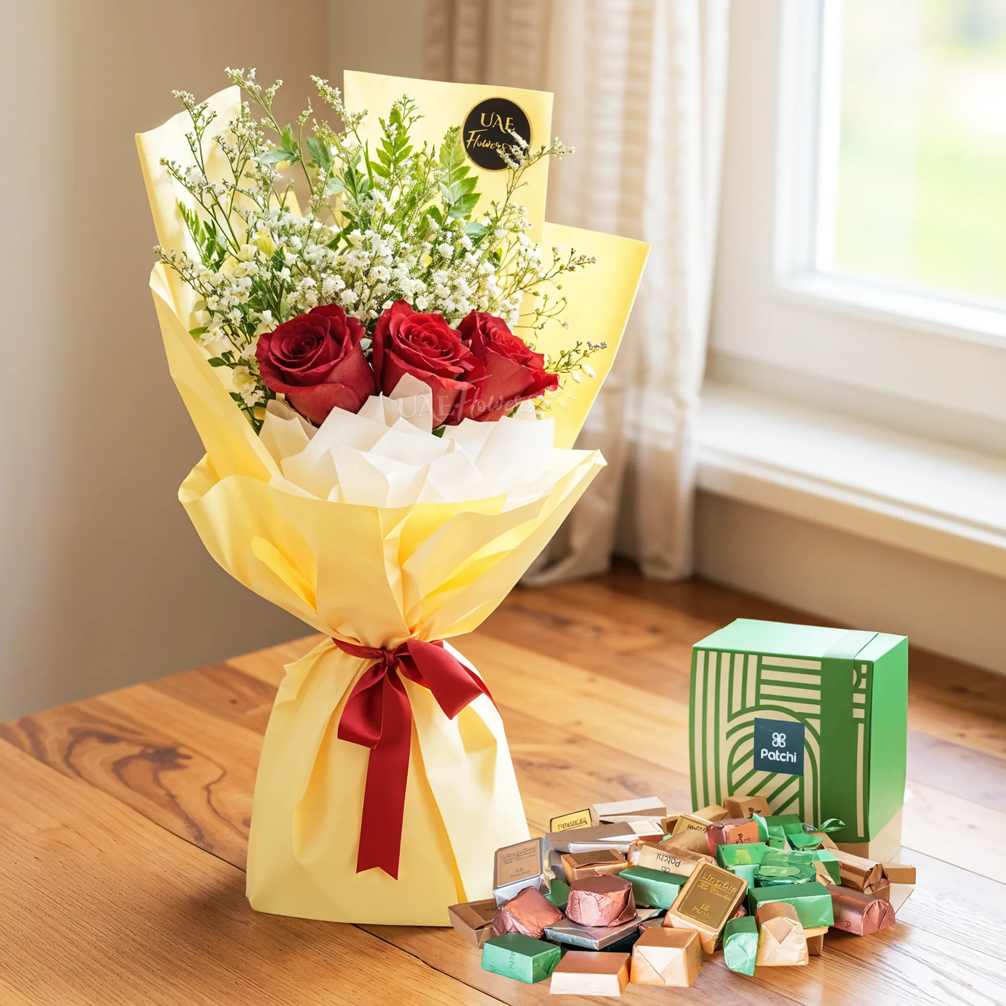 3 Red Roses & Patchi Chocolates 250g