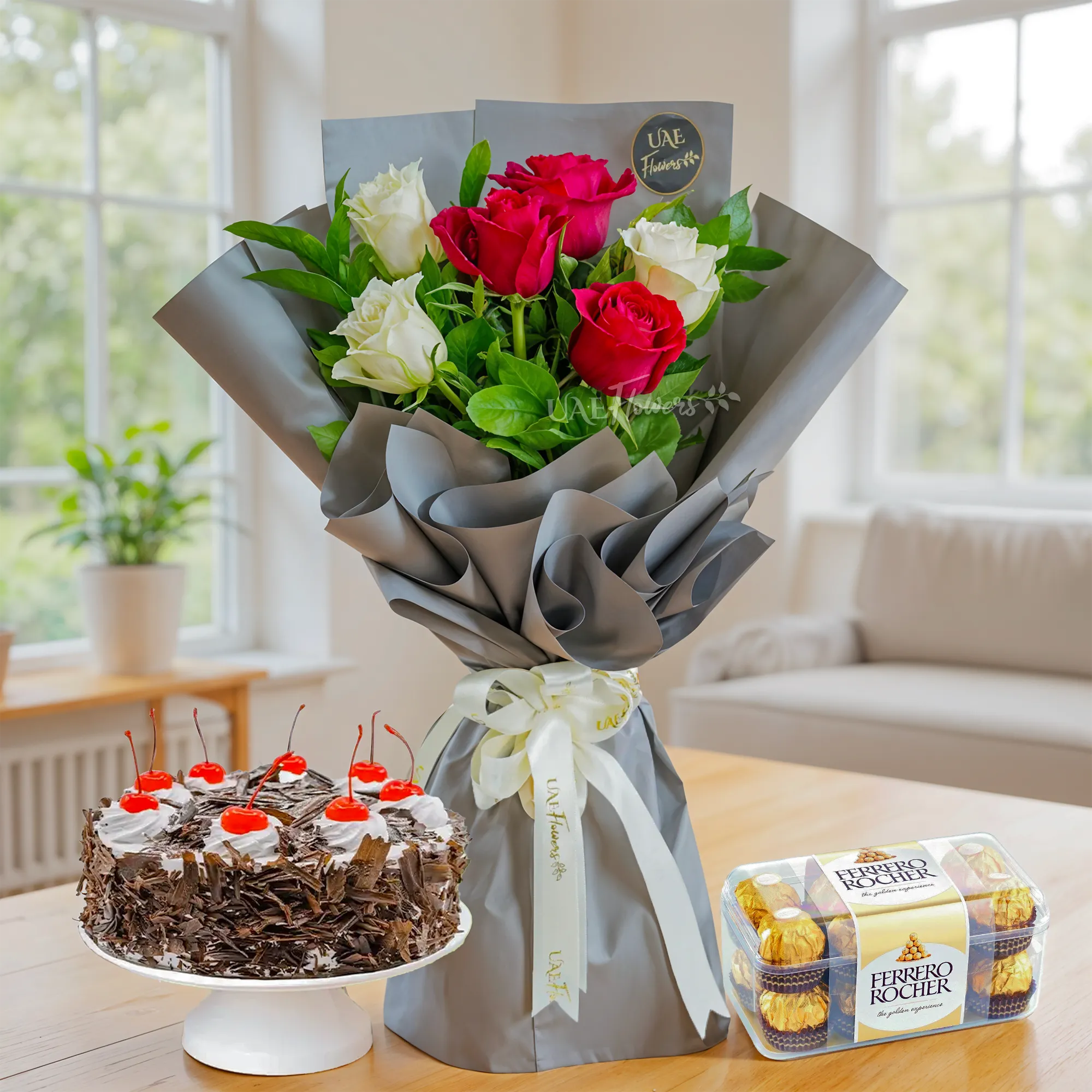 Bouquet Of 3 Red Roses & 3 White Roses, 1Kg Black Forest Cake & 16pcs Ferrero Rocher