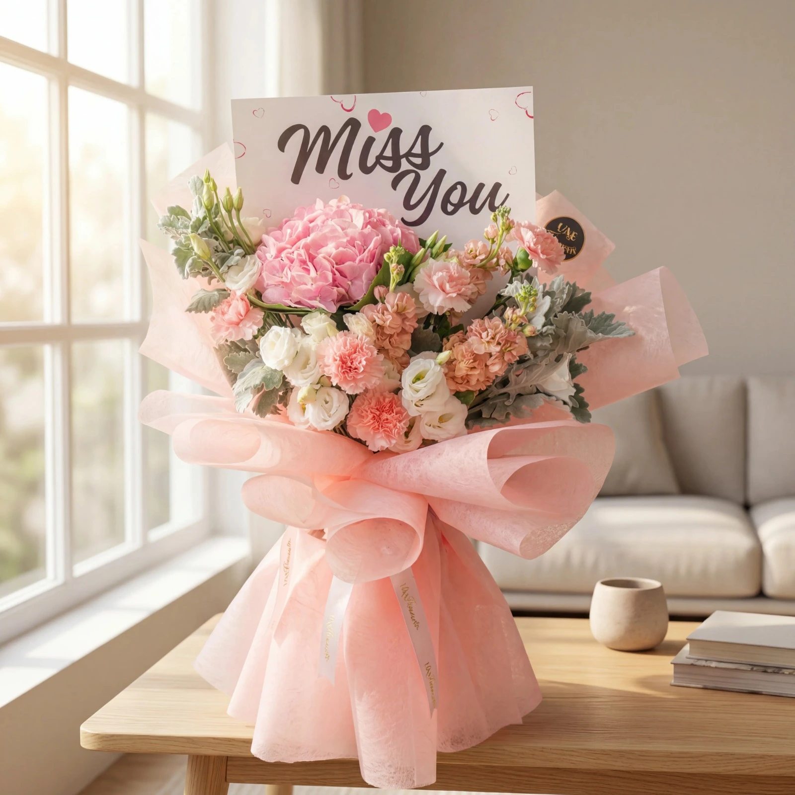 Elegant Pink Flower Bouquet with Miss You Card