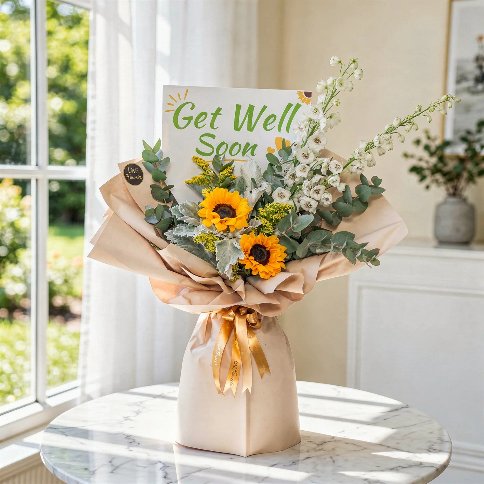 Sunshine Wishes Get Well Bouquet with Sunflowers White Delphiniums and Eucalyptus