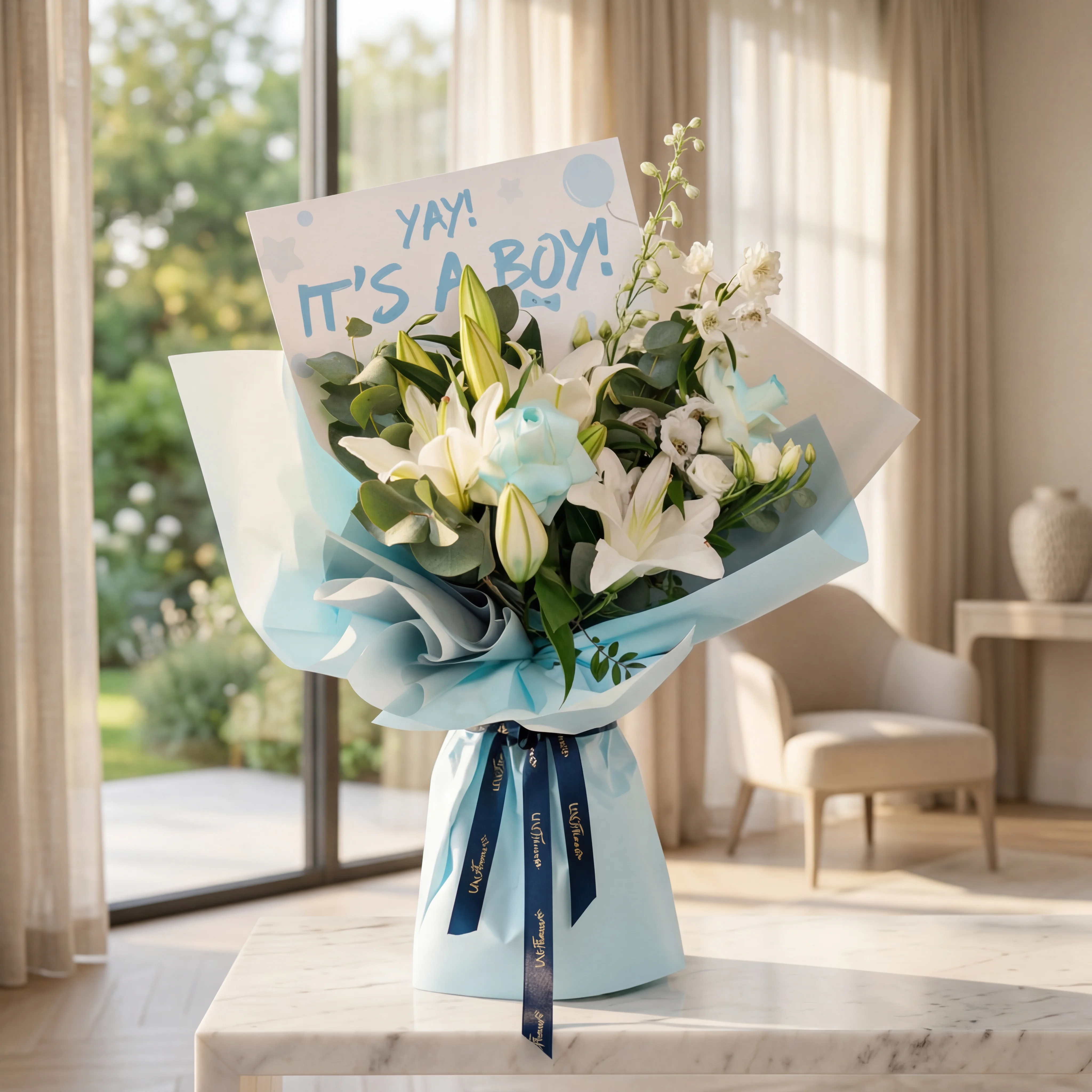 Floralia Heavenly Blessings It's a Boy Bouquet with White Lilies, White Lisianthus, Blue Floral Accents, Eucalyptus Leaves and Premium Baby Boy Message Wrapping