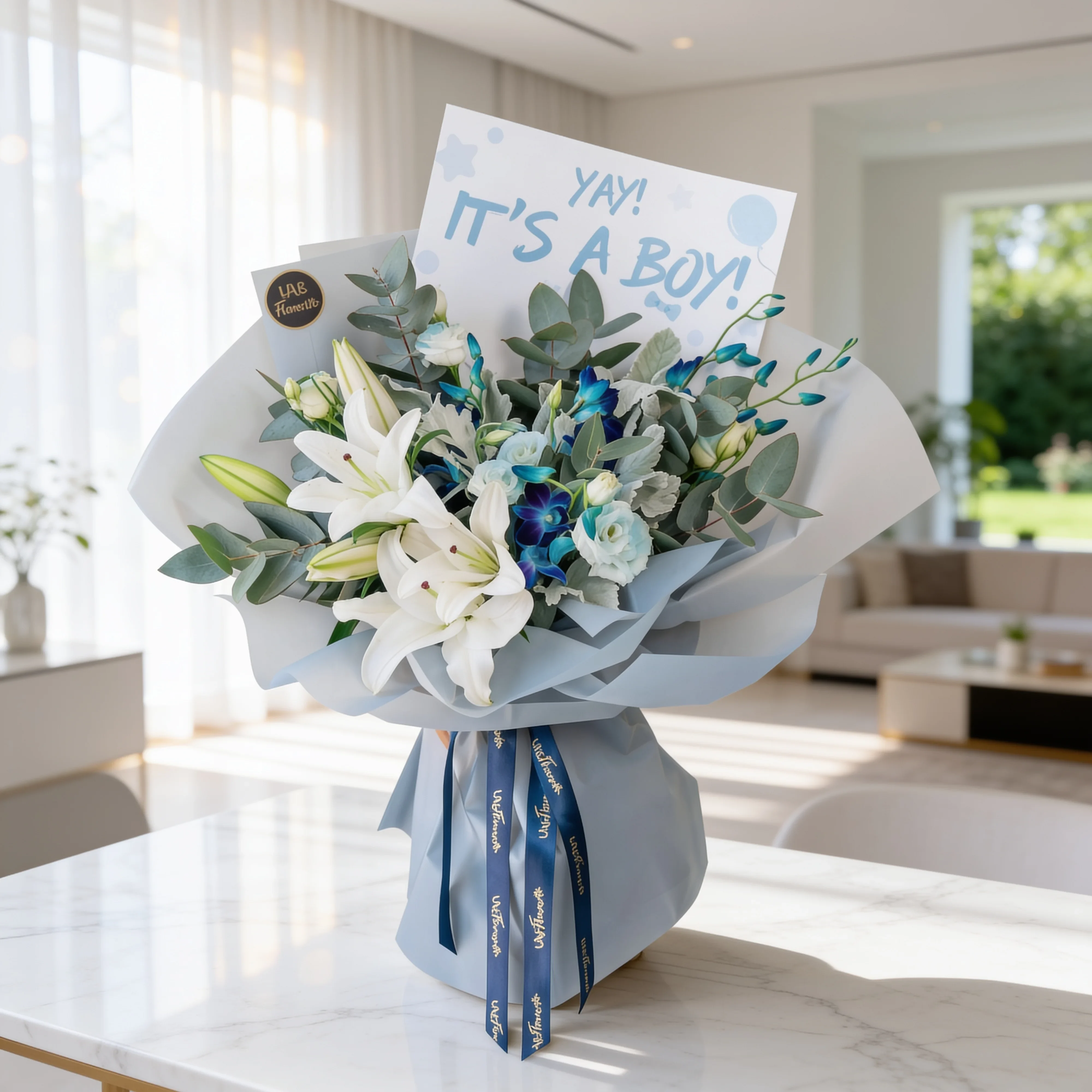 Blue Serenity It's a Boy Celebration Bouquet with White Lilies, Blue Orchids, Lisianthus and Eucalyptus Leaves