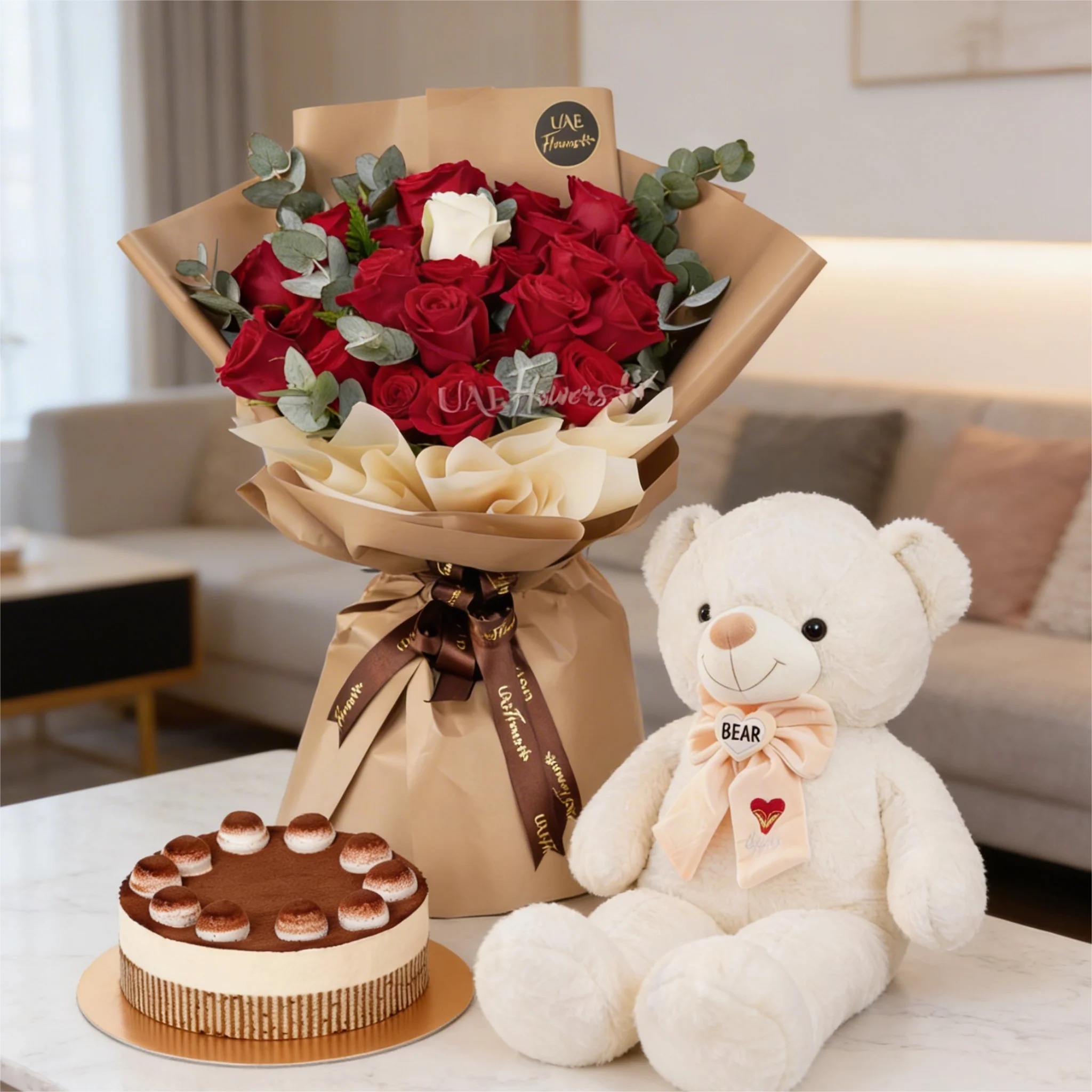 19 Red Roses with 95CM Teddy and Tiramisu Cake