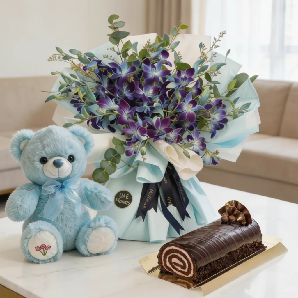 Blue Orchids with Teddy and Chocolate Swiss Roll