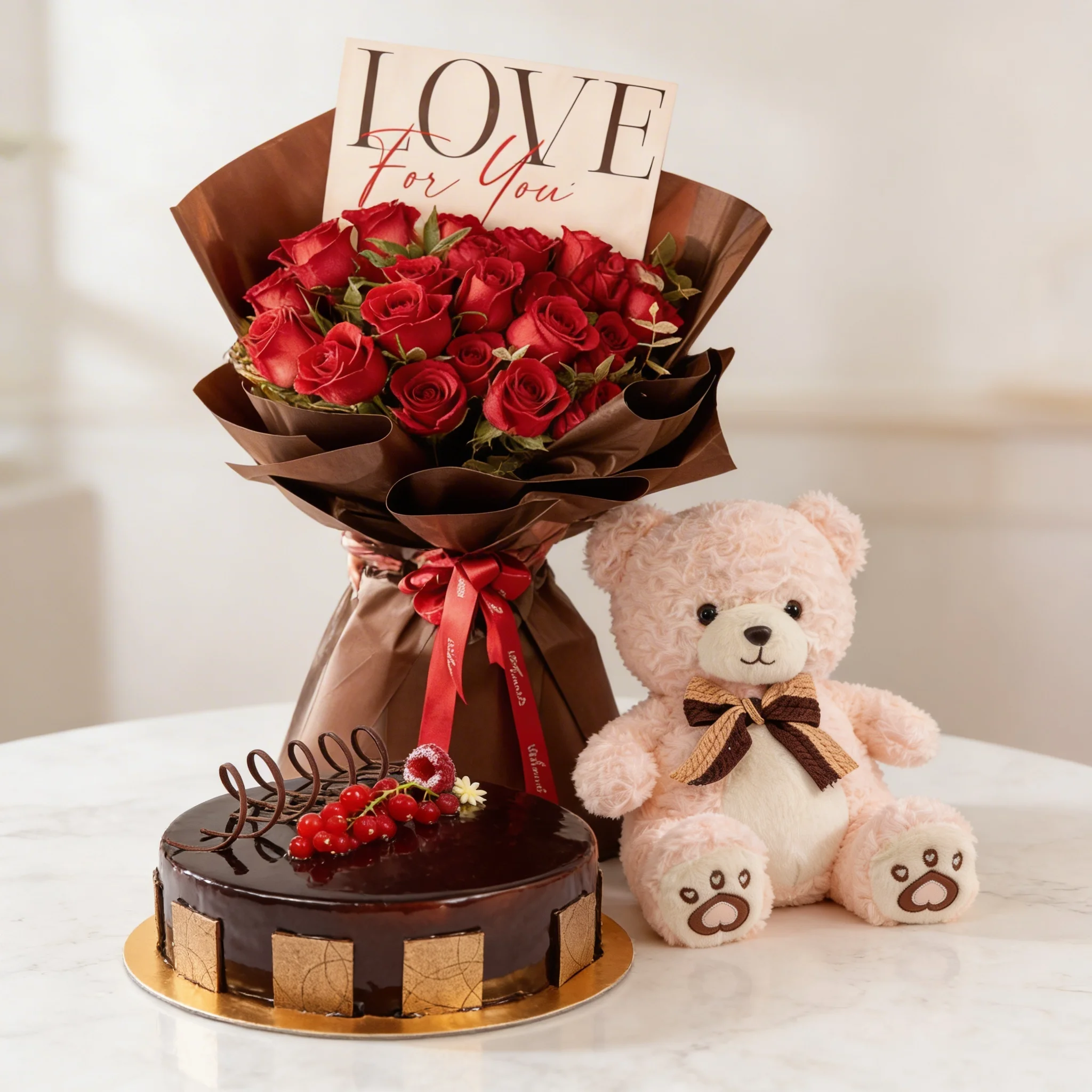 Bouquet of 20 red roses with green fillers in black wrapping tied with red ribbons, pink small Teddy Bear and 1 kg Dark Chocolate Sponge Cake