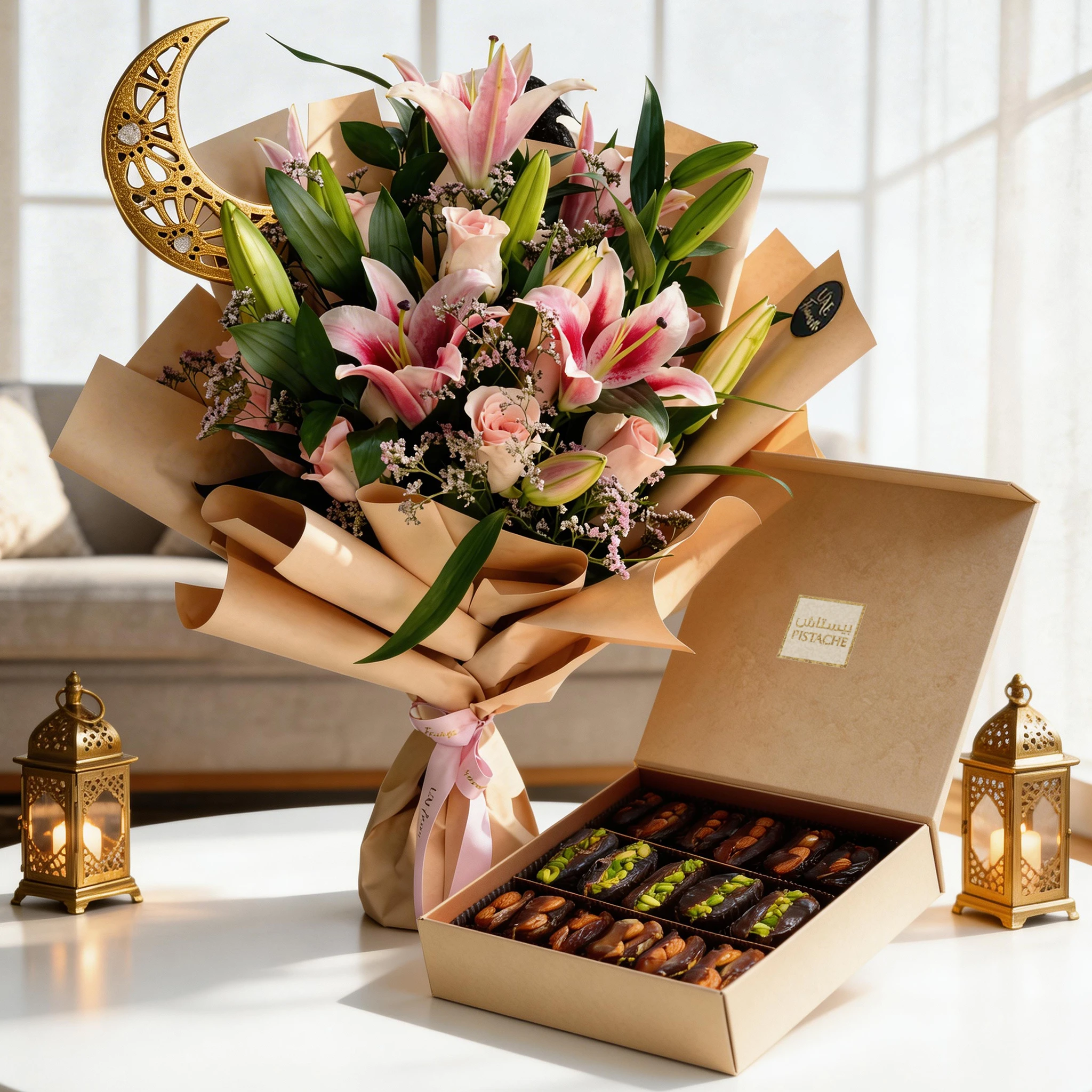 Bouquet of 3 pink lilies and 10 pink roses and decorative Moon with green fillers in nice wrapping and tied with pink ribbons and Assorted Premium Dates Box - 350g