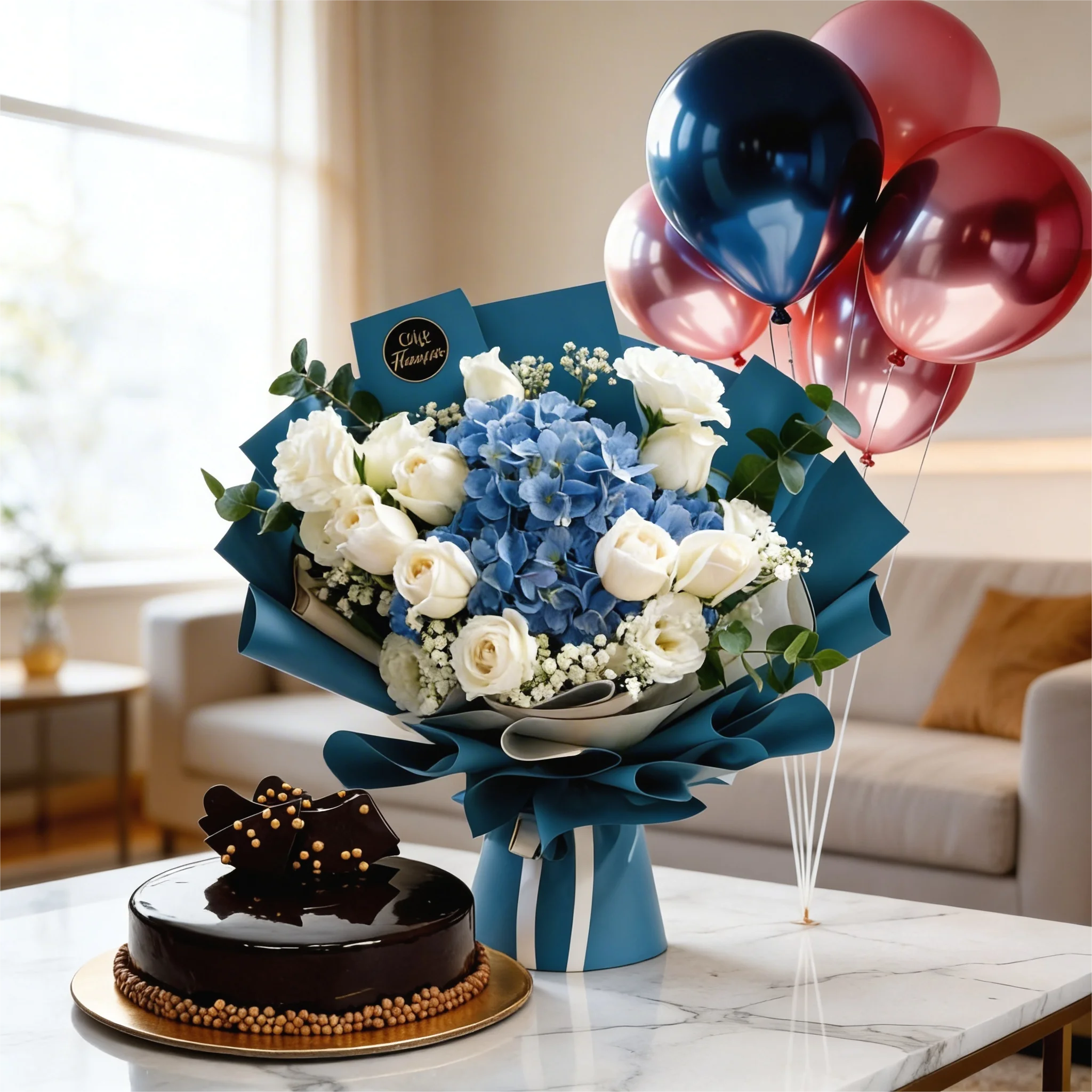 Blue Hydrangea with White Roses and Fudge Cake