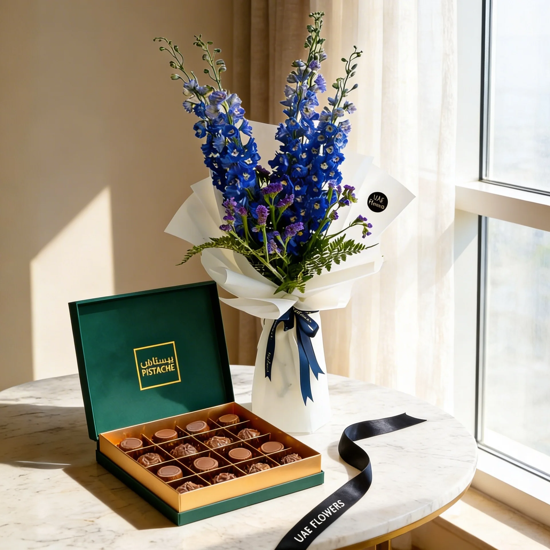 Blue Delphinium with Pistache 16 Pcs Chocolate Box