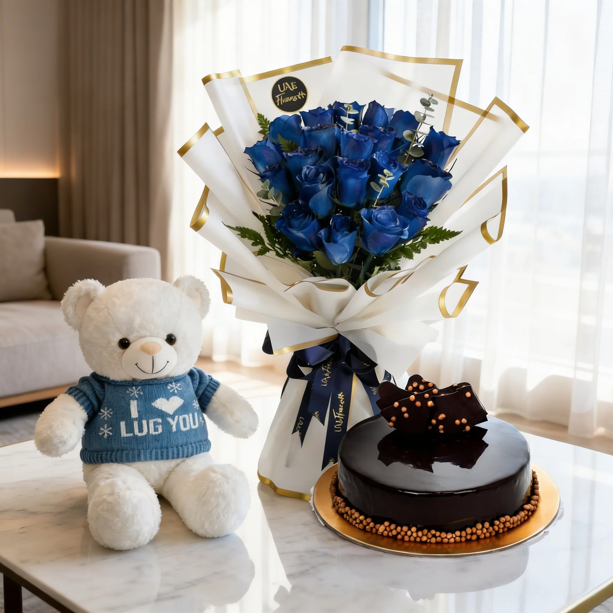 20 Blue Roses with Teddy & Chocolate Fudge Cake