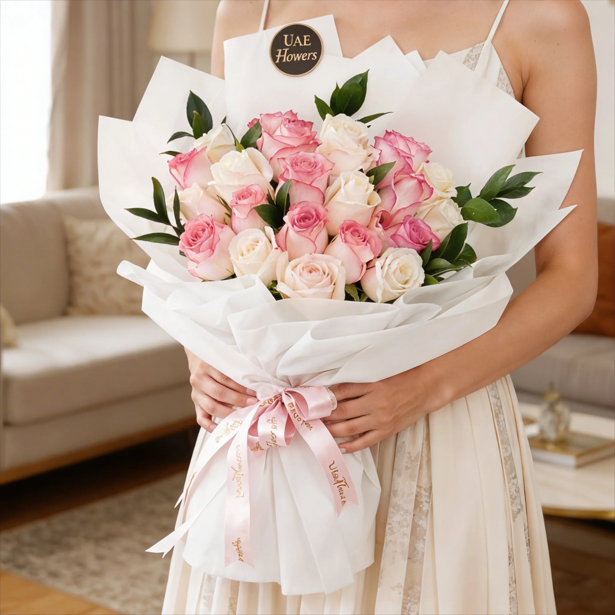 Bouquet of 20 pink and white roses with green fillers in white wrapping paper.