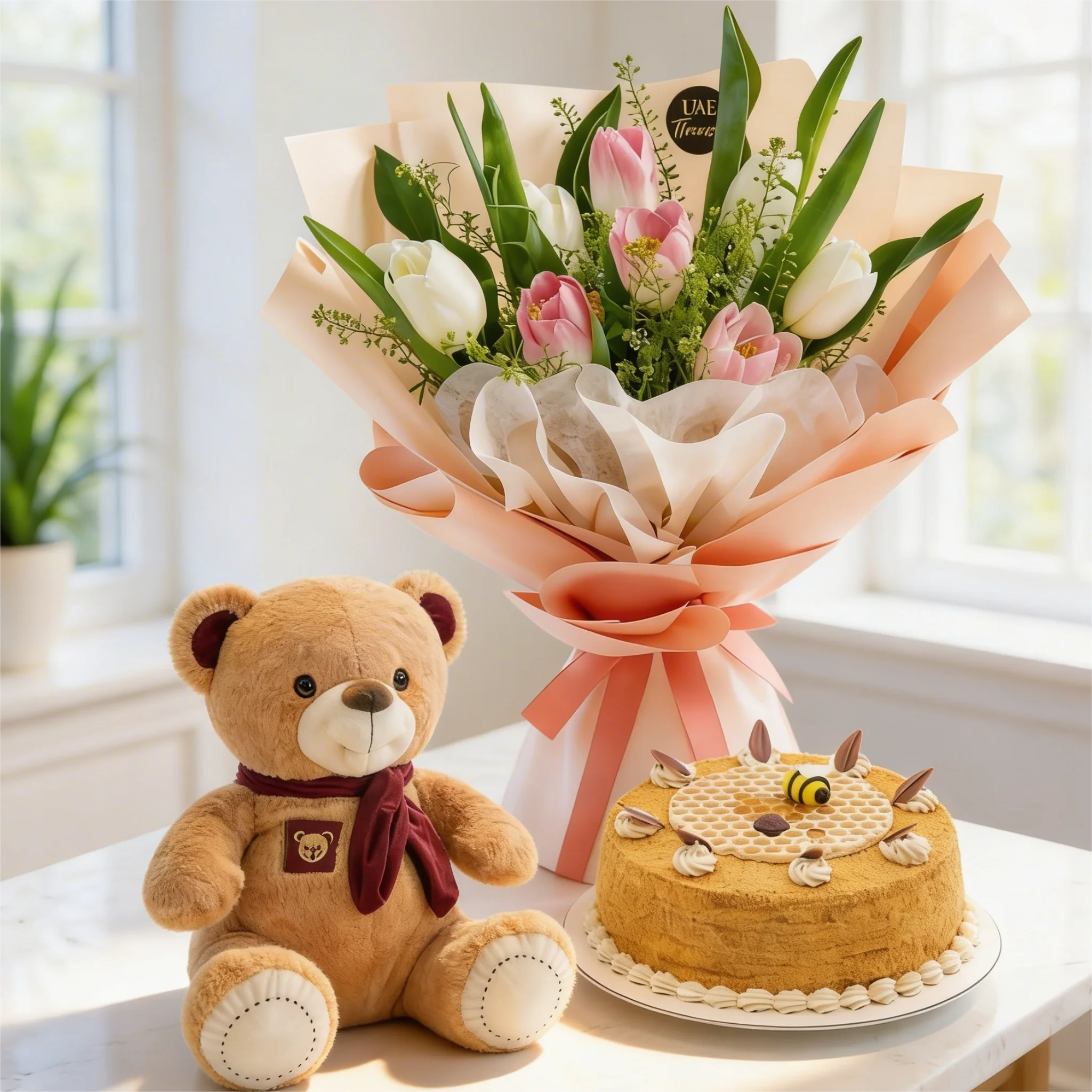 White & Pink Tulips with Teddy and Honey Cake