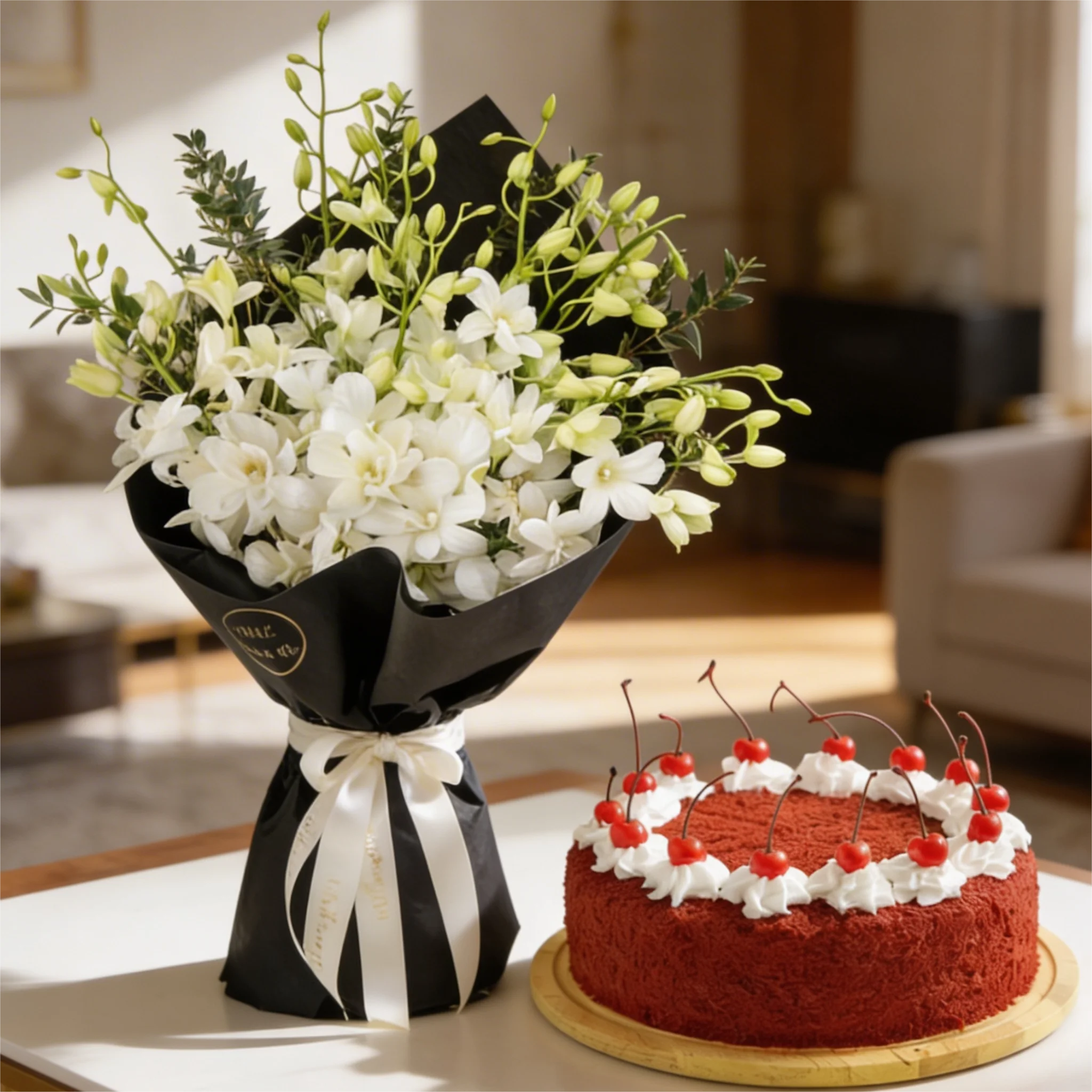 White Orchids with Red Velvet Mirror Glaze Cake