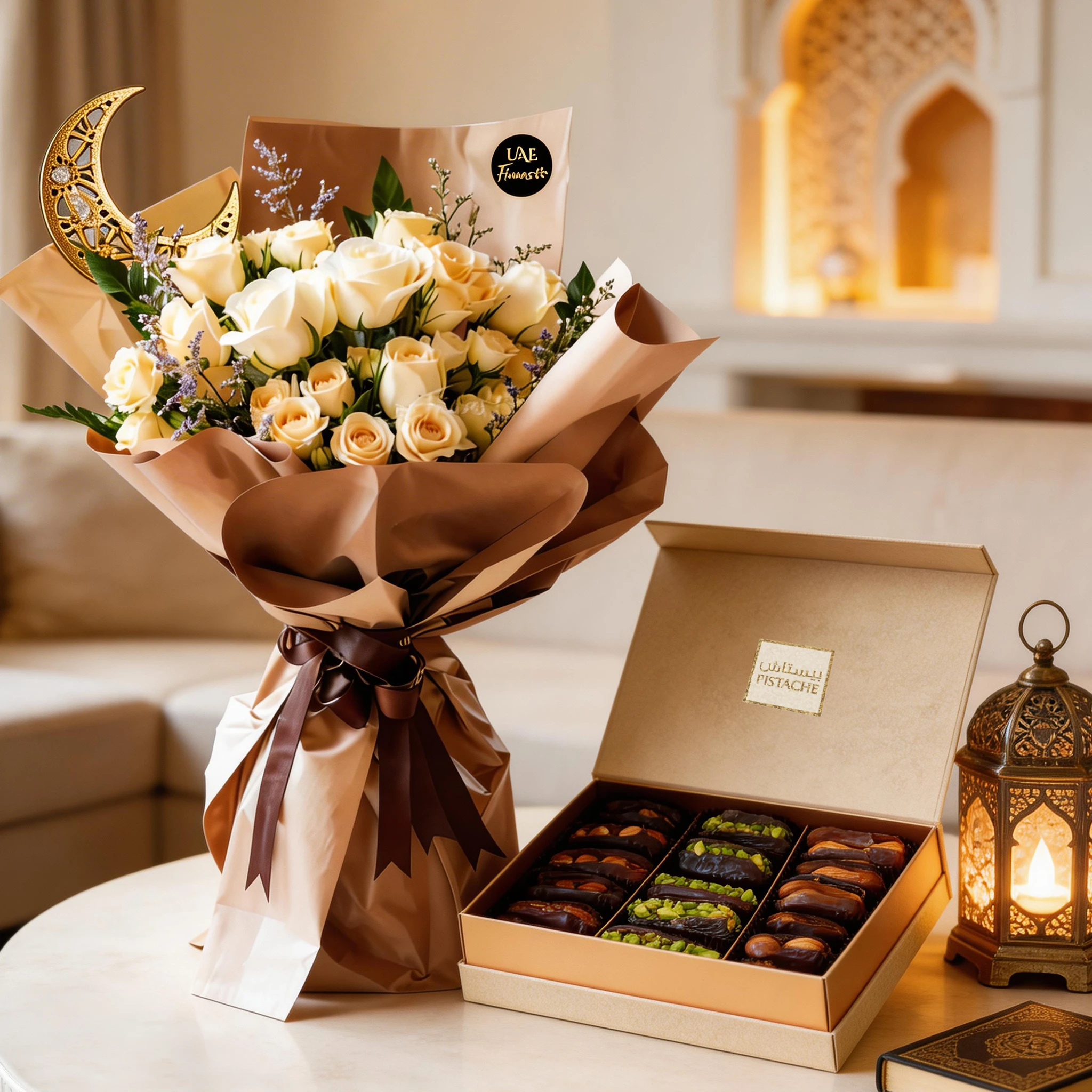 Bouquet of 8 white and peach roses and 2 peach spray roses with green fillers and Decorative Moon in paper packing with ribbons and Assorted Premium Dates Box - 350g