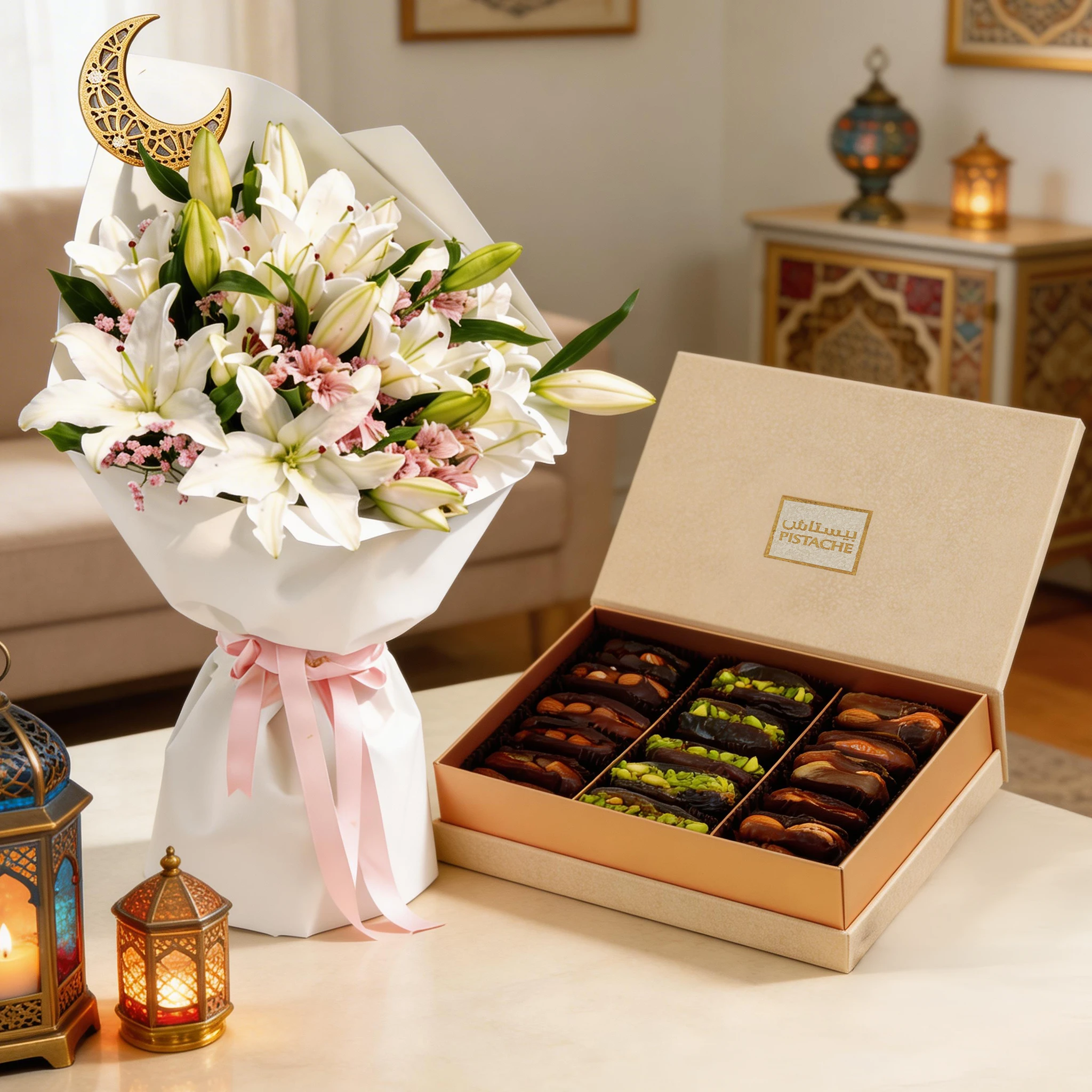 Bouquet of 5 white lilies with decorative Moon and green fillers wrapped in paper packing and tied with ribbon and Assorted Premium Dates Box - 350g
