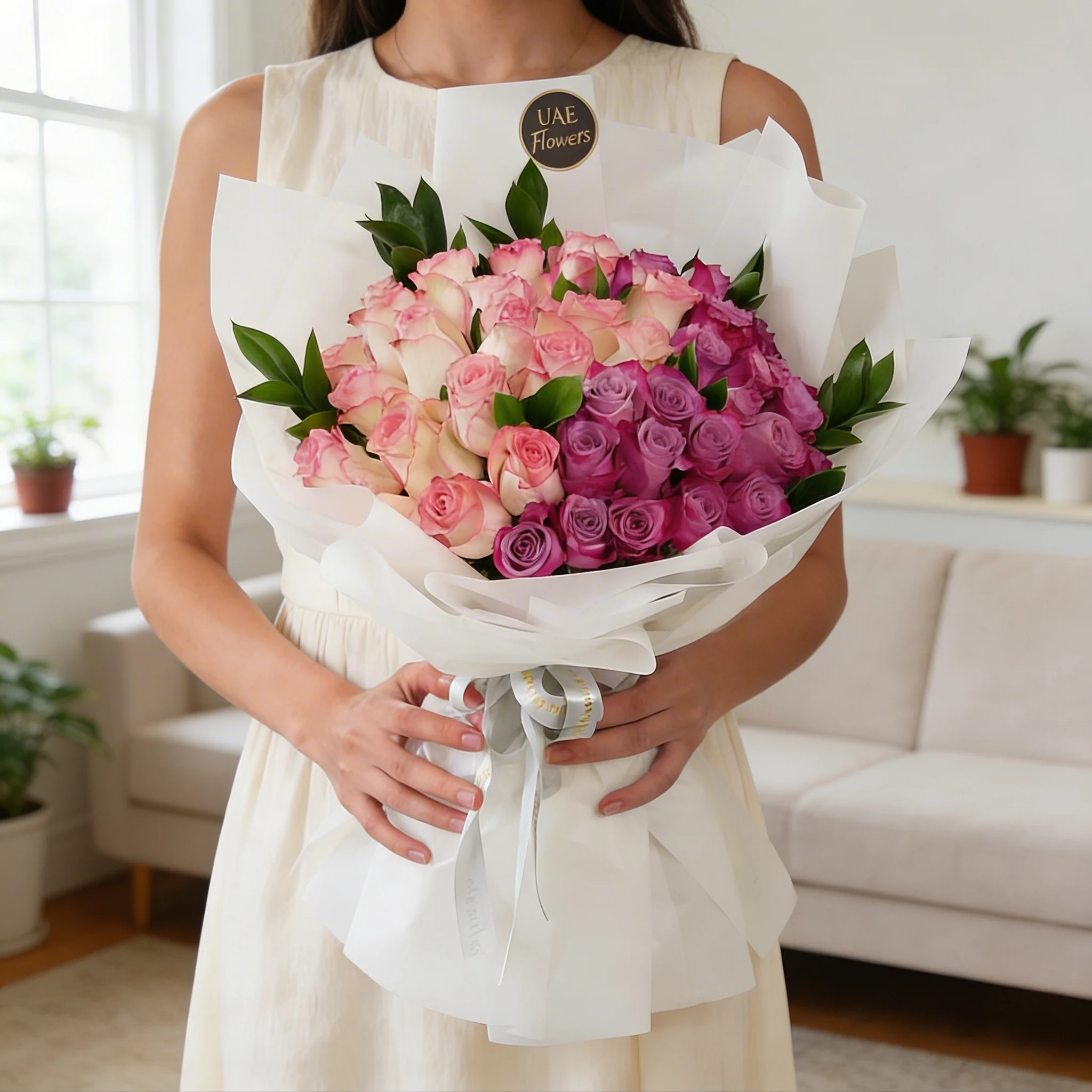 Bouquet of 40 purple and pink roses with green fillers in white wrapping paper.
