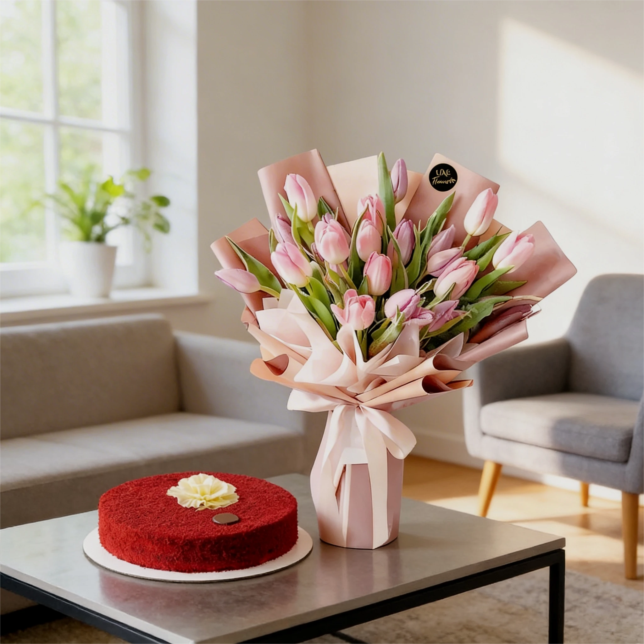 Bouquet of 20 pink tulips with fillers in paper packing with ribbons and 1 Kg red velvet cake.