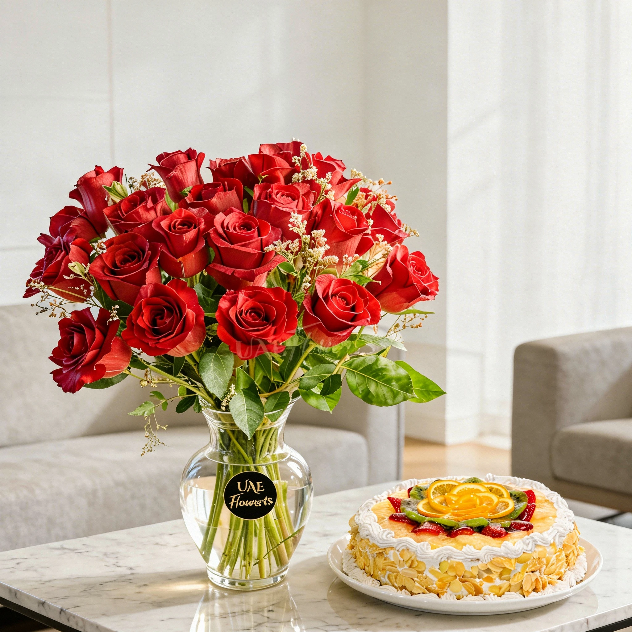 20 Red roses with fillers in glass vase and 1KG mixed fruit cake.