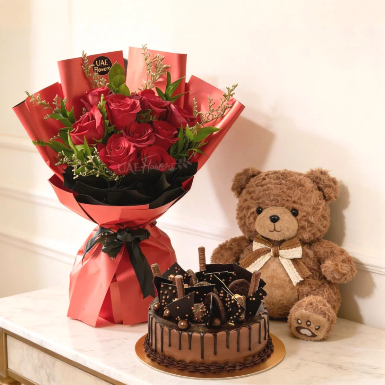9 Red Roses with Teddy and Chocolate Explosion Cake