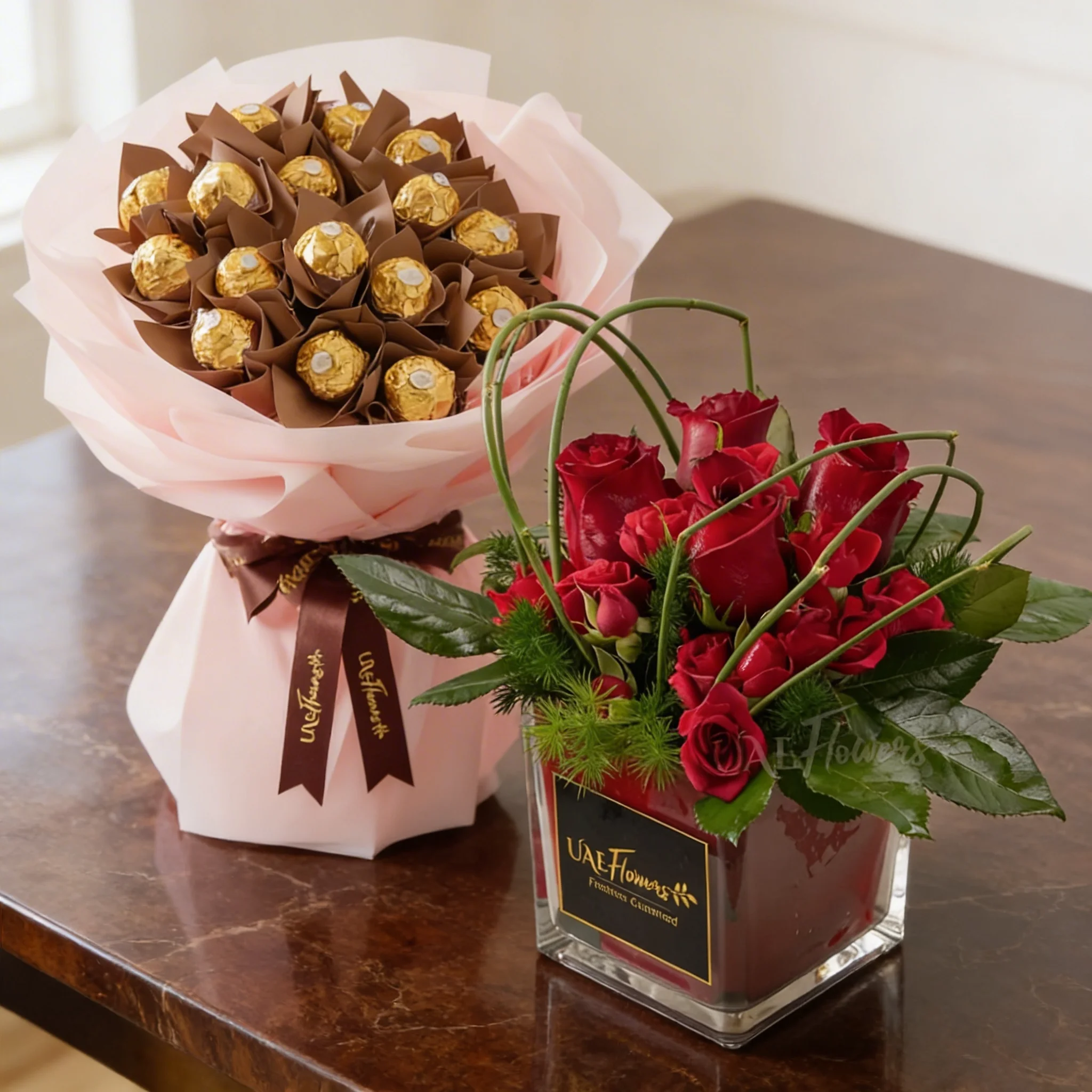 Red Roses in Cube Vase with Ferrero 16 Pcs