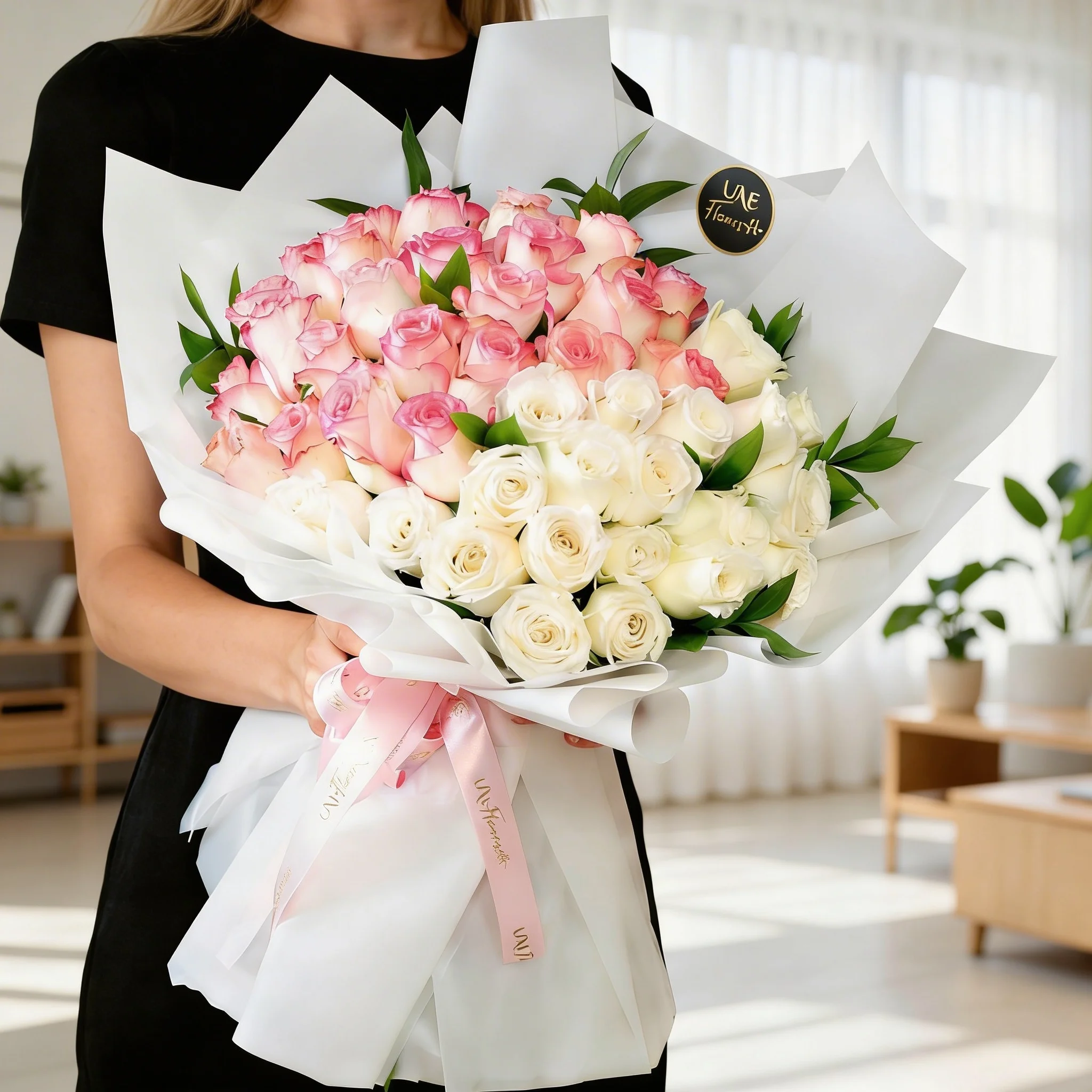 Bouquet of 40 pink and white roses with green fillers in white wrapping paper.