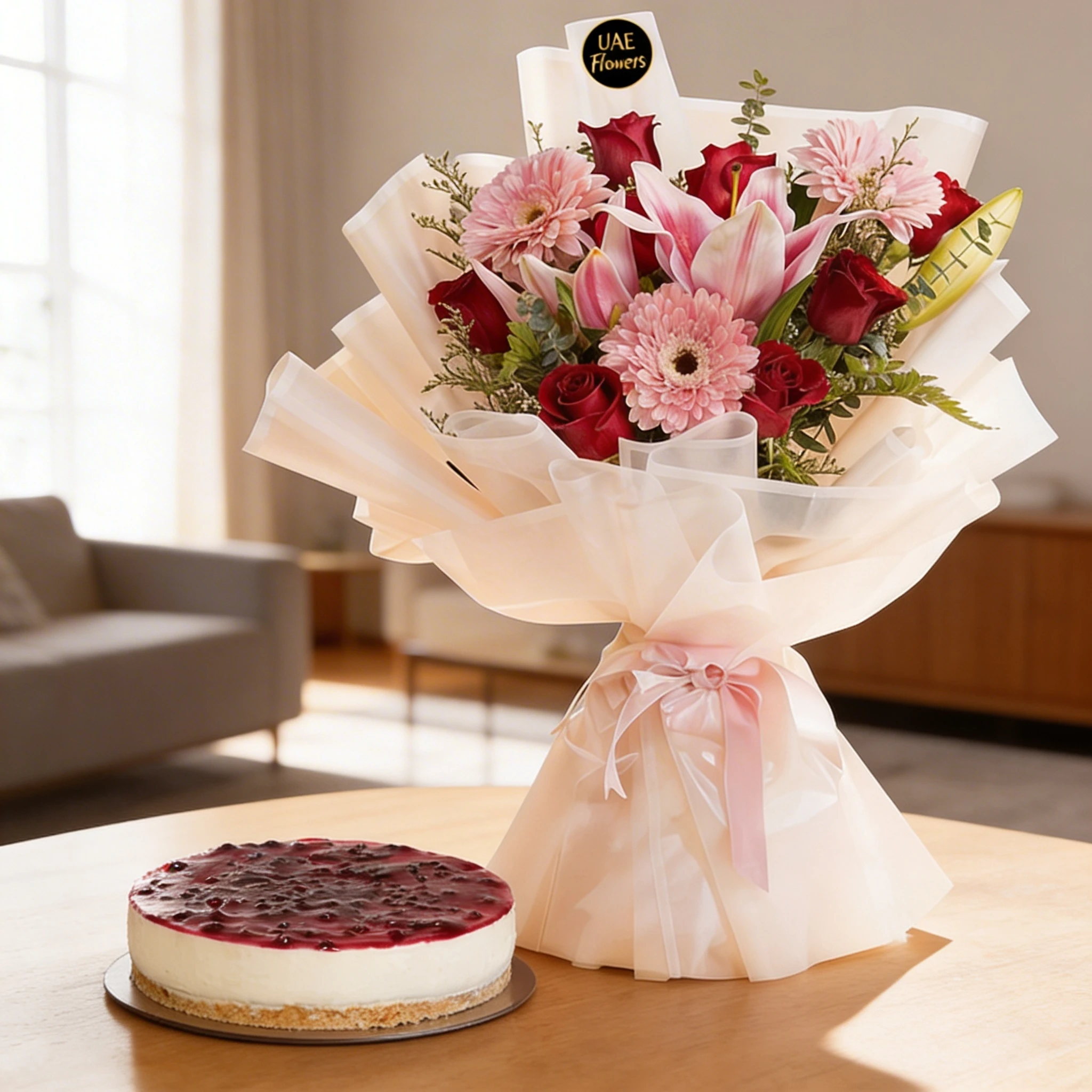 Bouquet of 8 Red roses, 1 pink lily, 3 Pink Gerberas, Limonium, Eucalyptus, leather leaves wrapped in white with a satin pink ribbon and 1 kg Blueberry Cheesecake.