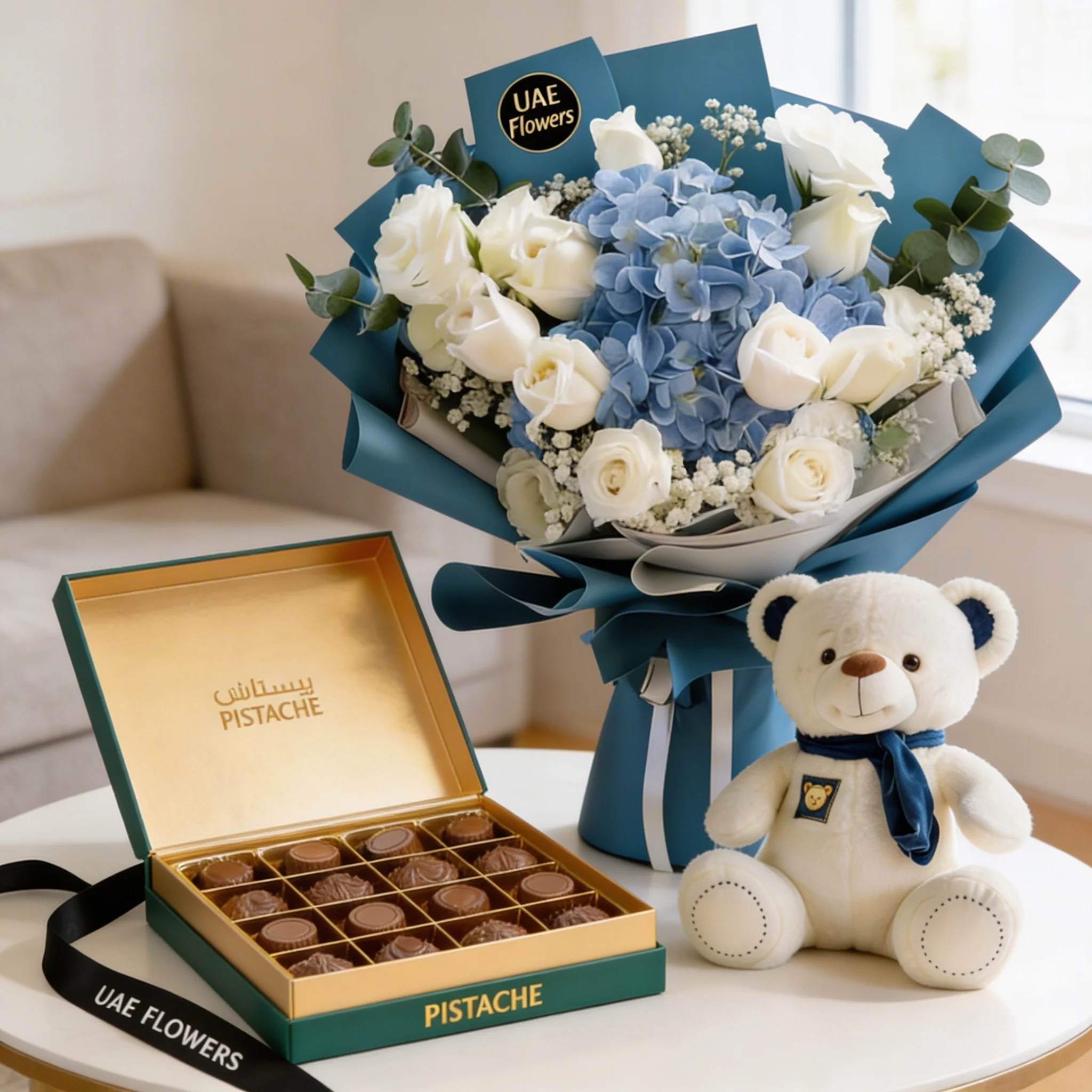 Blue Hydrangea & White Roses with Pistache Chocolate