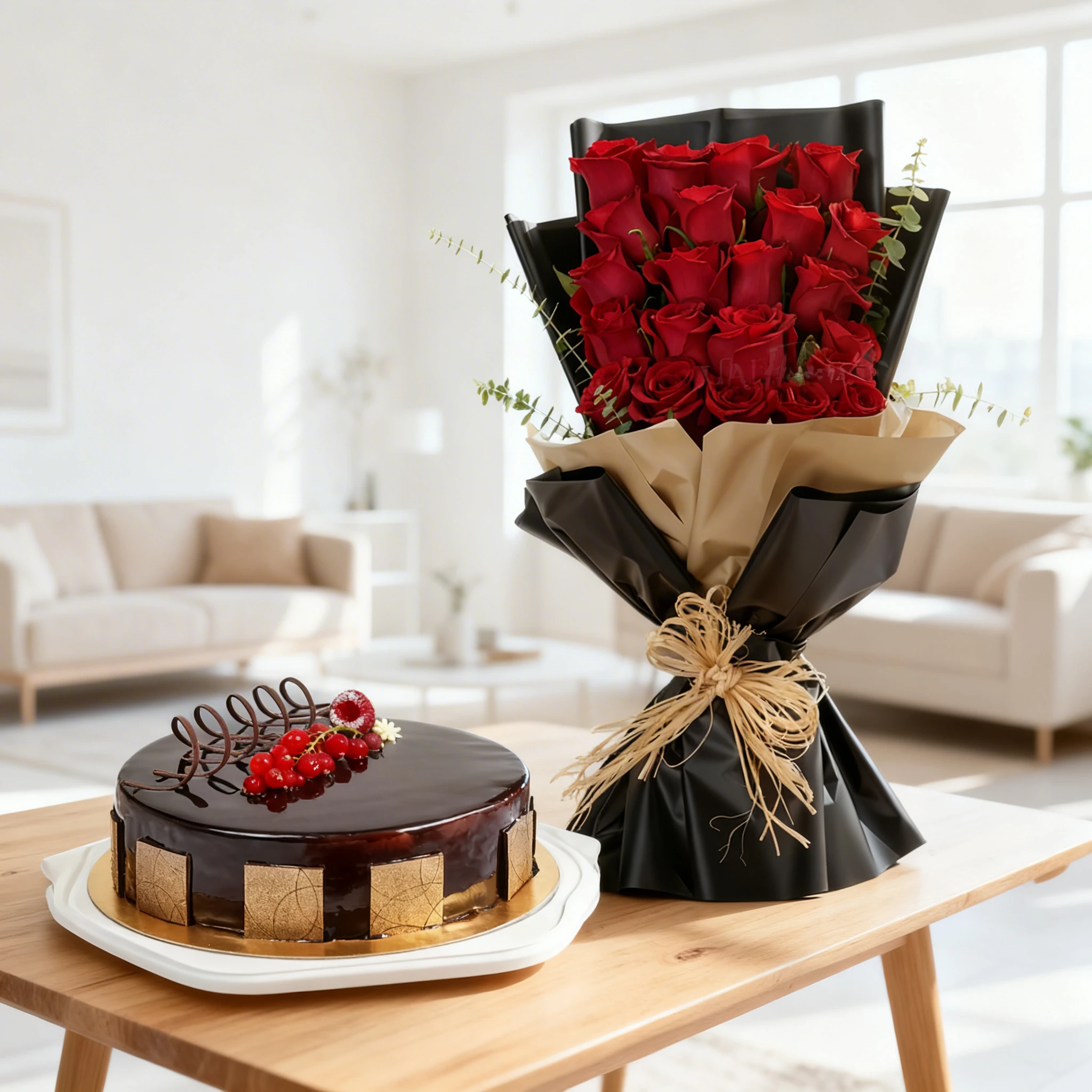 Bouquet of 20 red roses with green fillers in nice wrapping and 1 kg Dark Chocolate Sponge Cake.
