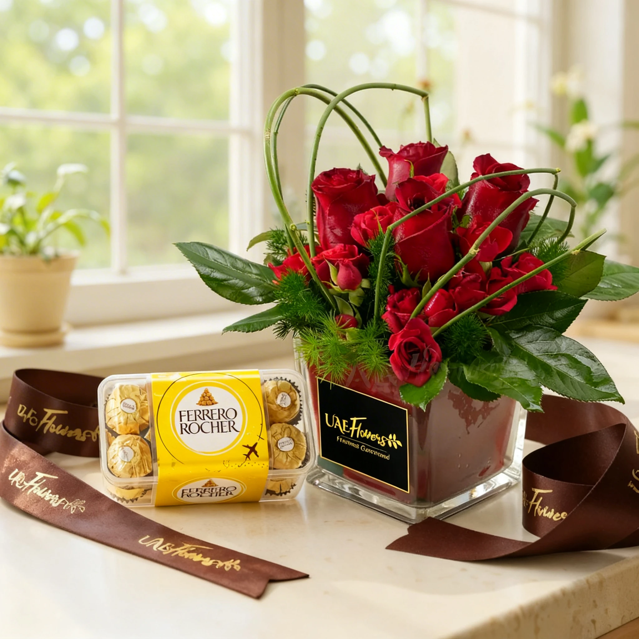 4 Red Roses and 2 red spray roses in a Cube Vase with greens (Steel Grass) and 16pcs of Ferrero rocher chocolate.
