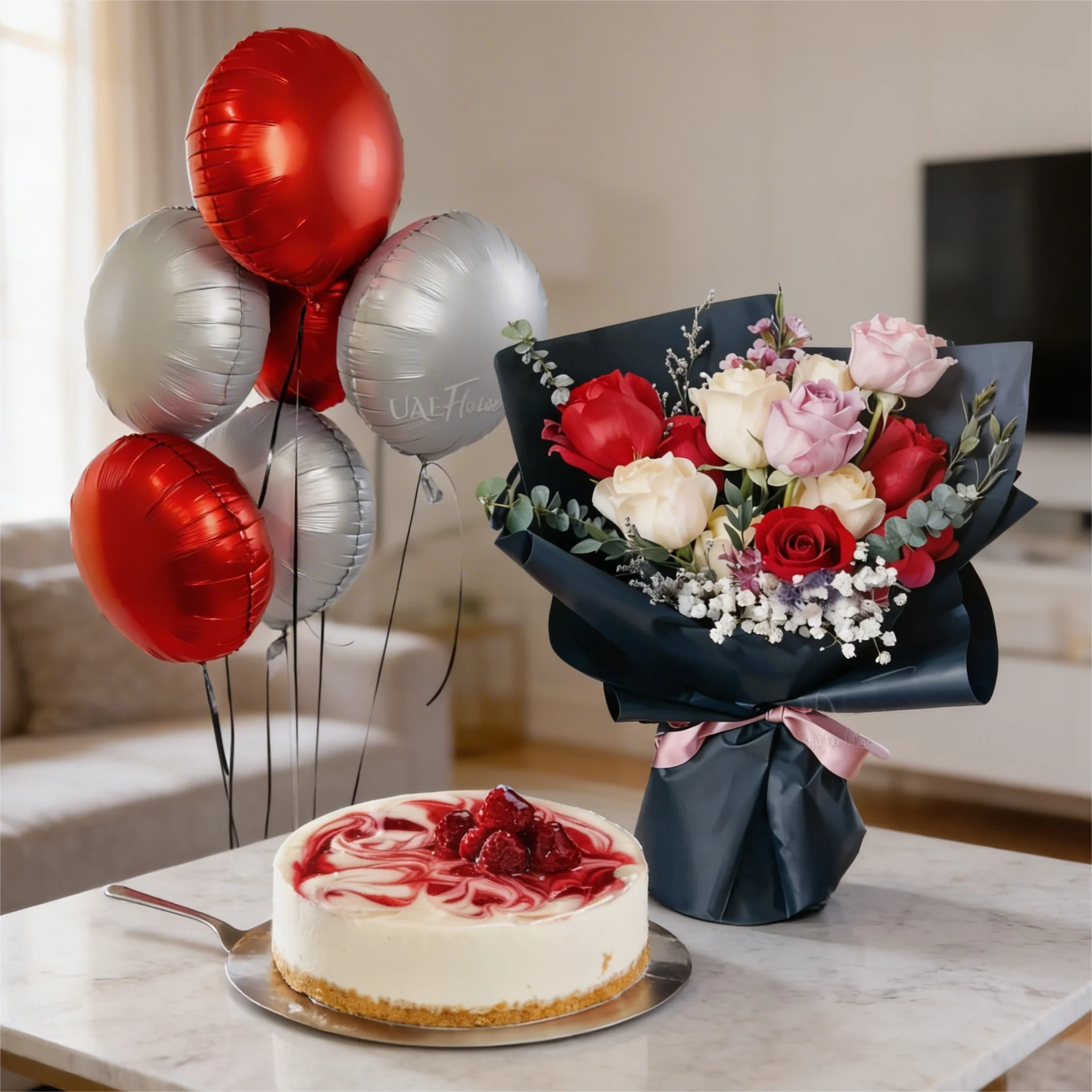 Mixed Roses with Raspberry Cheesecake and Balloons