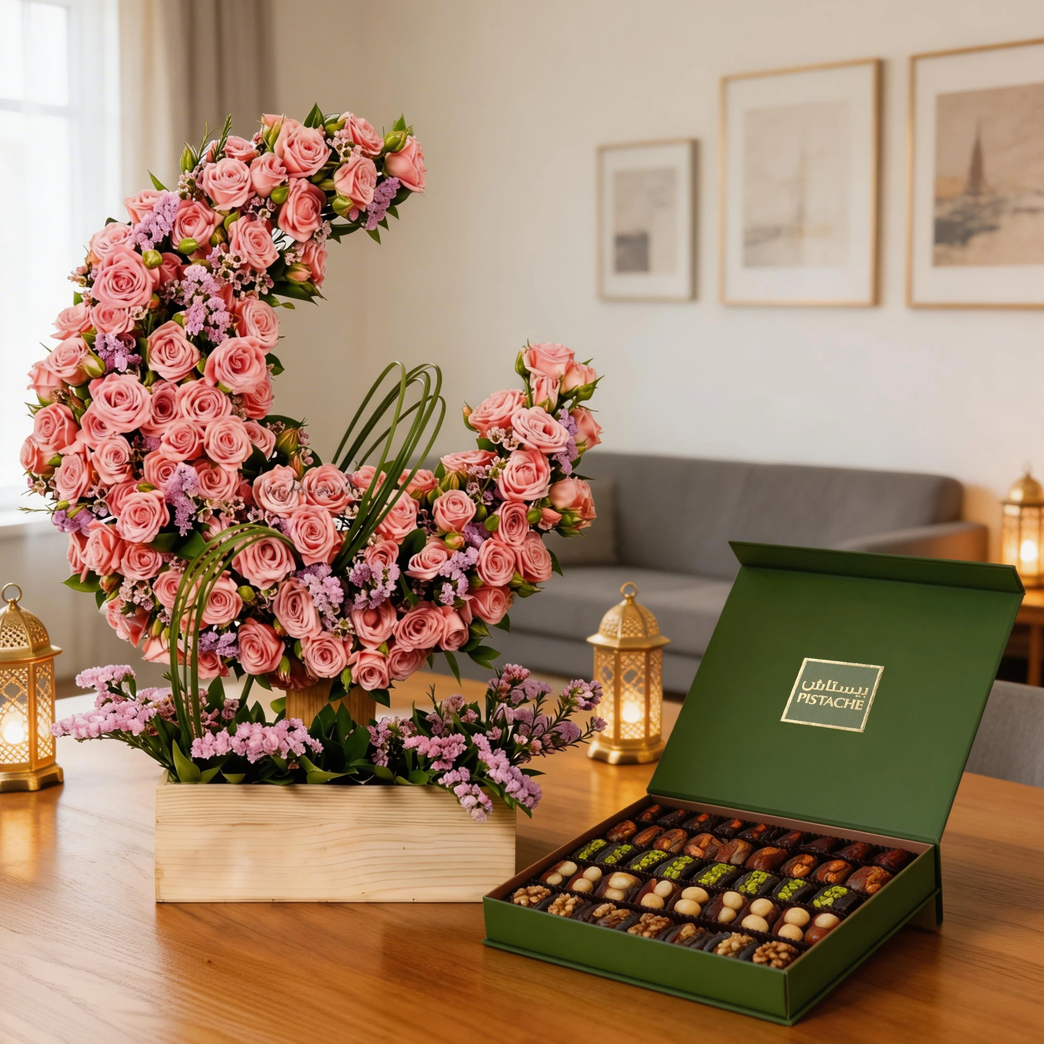 30 pink roses and 10 pink spray roses with statis and green fillers arranged in moon-shaped stand in a wooden box and a touch of steel gras and Assorted Premium Dates Box - 900g