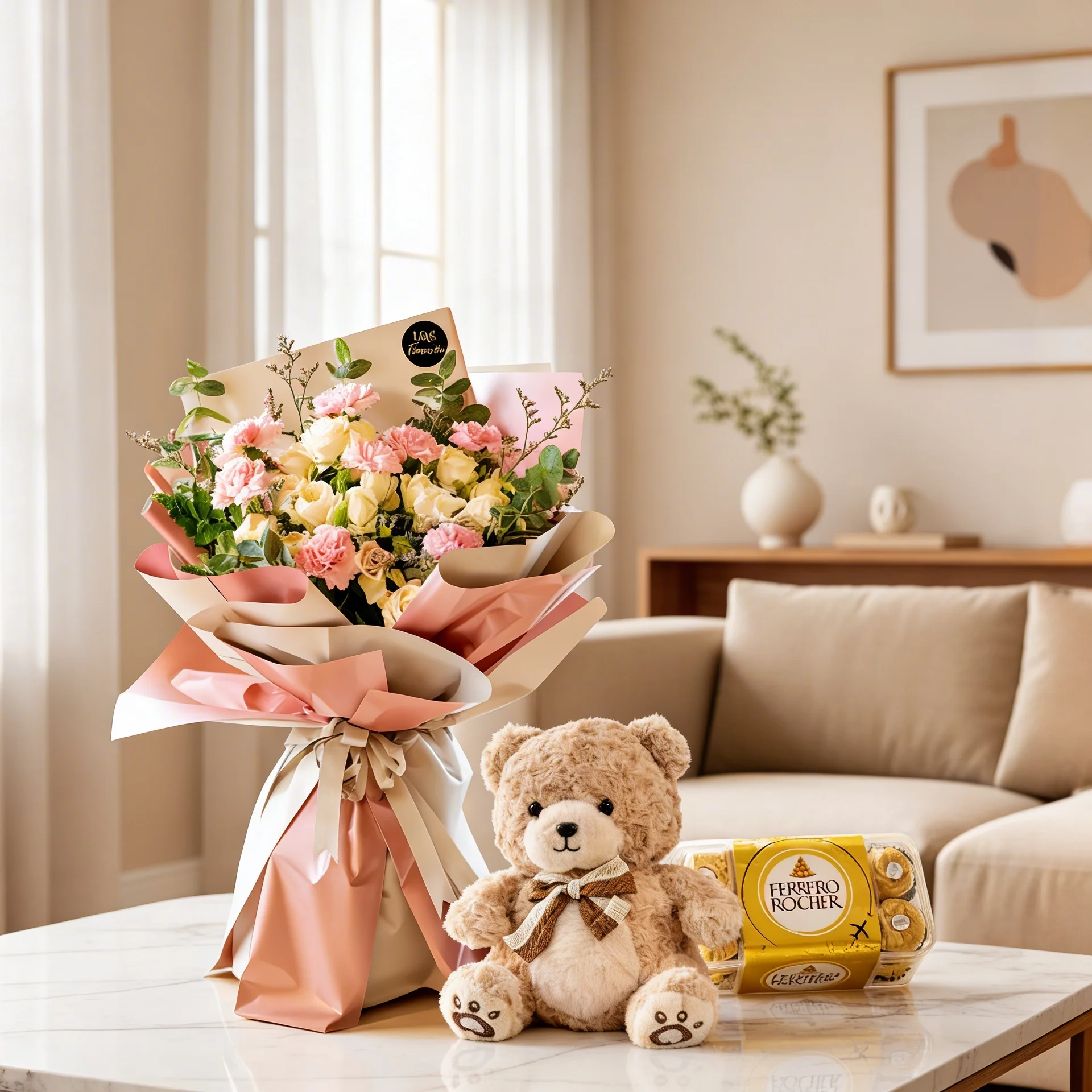 Pink Carnations & Peach Roses with Ferrero and Teddy