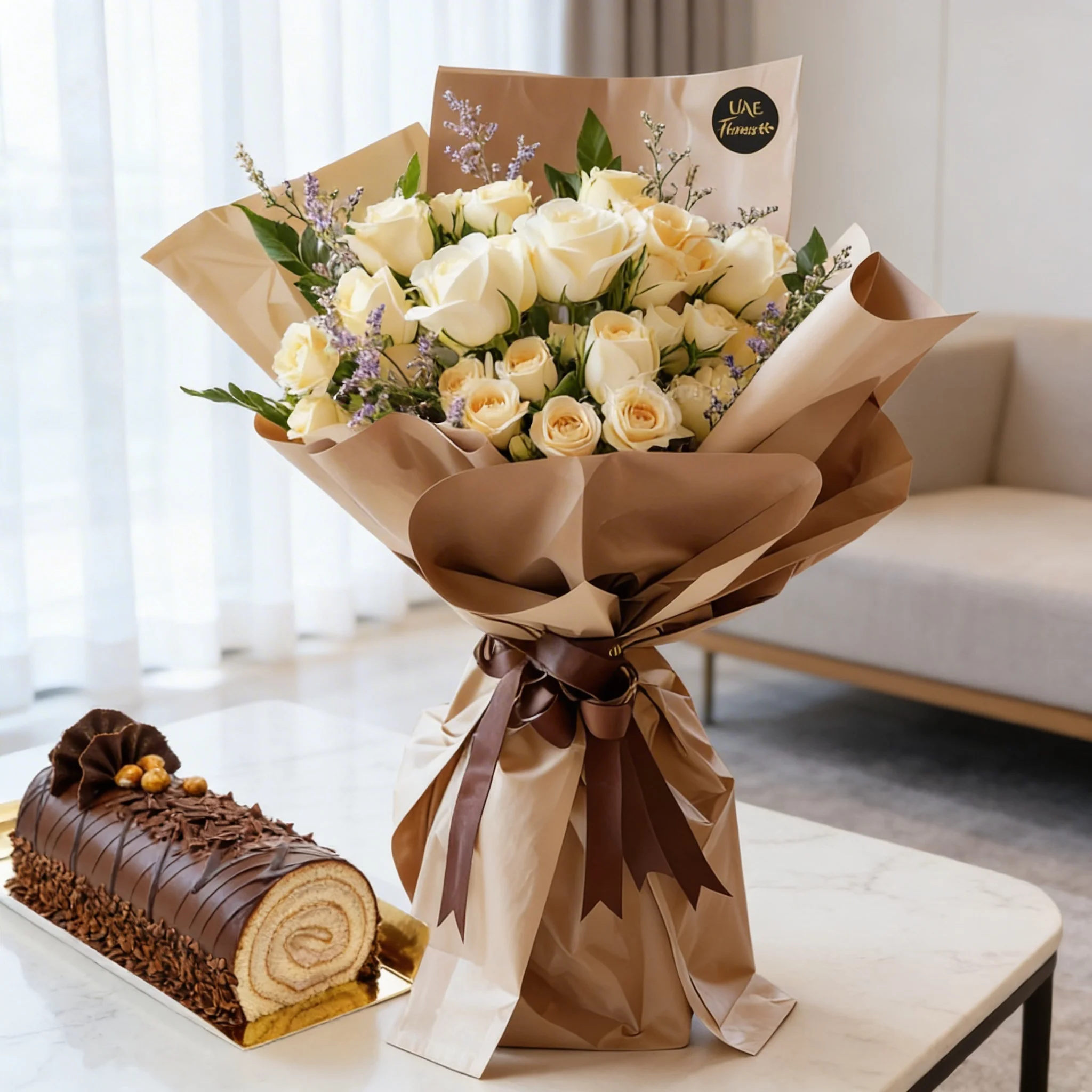White & Peach Roses with Chocolate Swiss Roll Cake