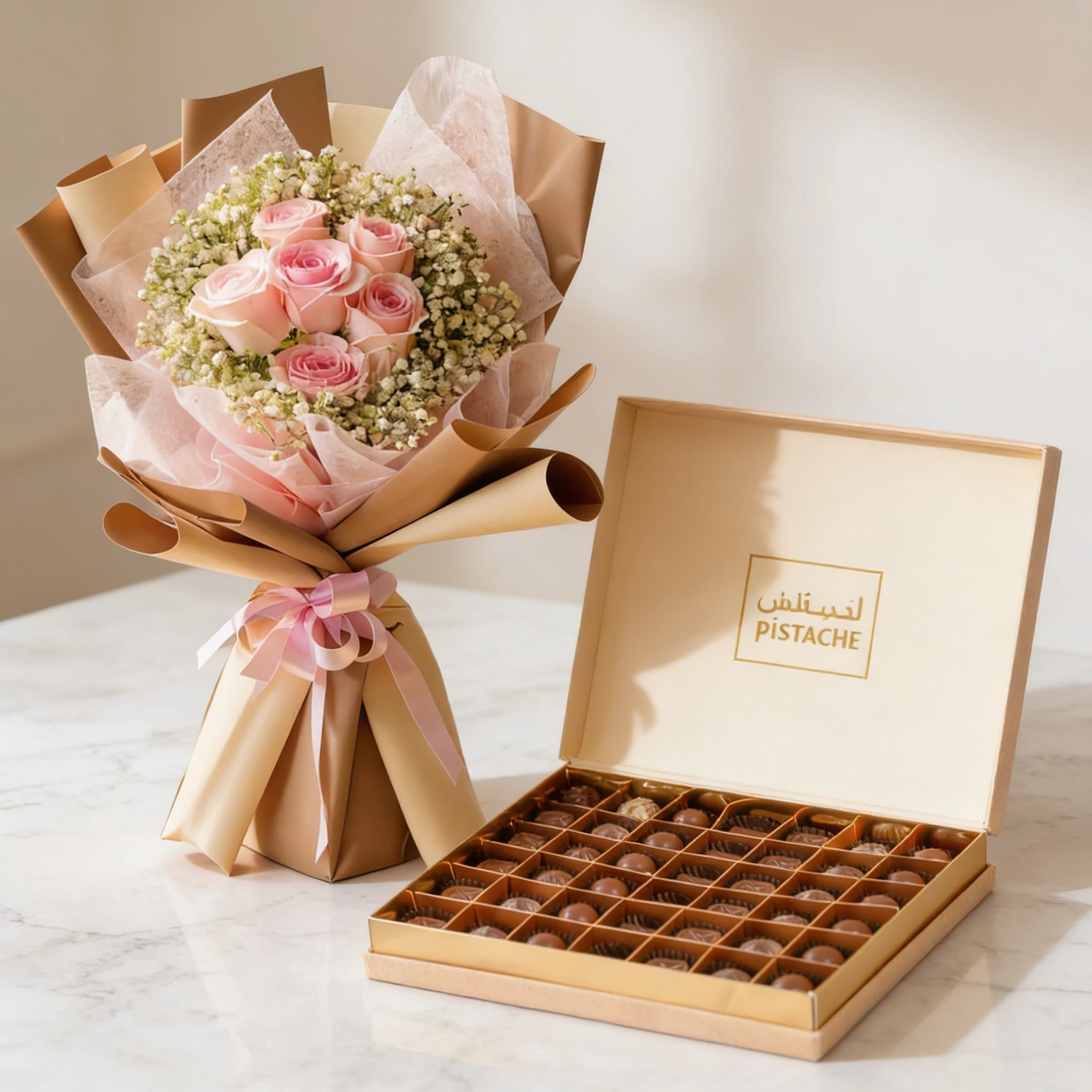 Bouquet of 6 pink roses with baby's breath in paper packing with ribbons and 49 Pcs Pistache Luxe Masterpiece Chocolate Box.