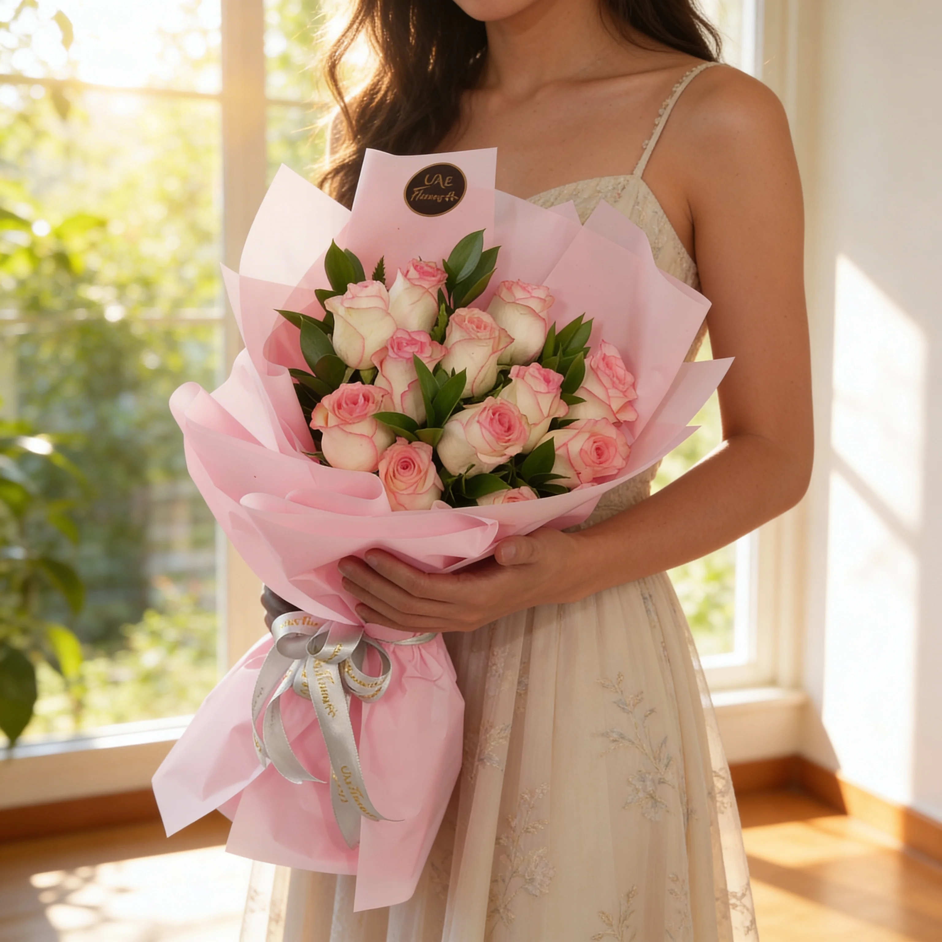 Bouquet of 12 pink roses with green fillers in pink wrapping paper.