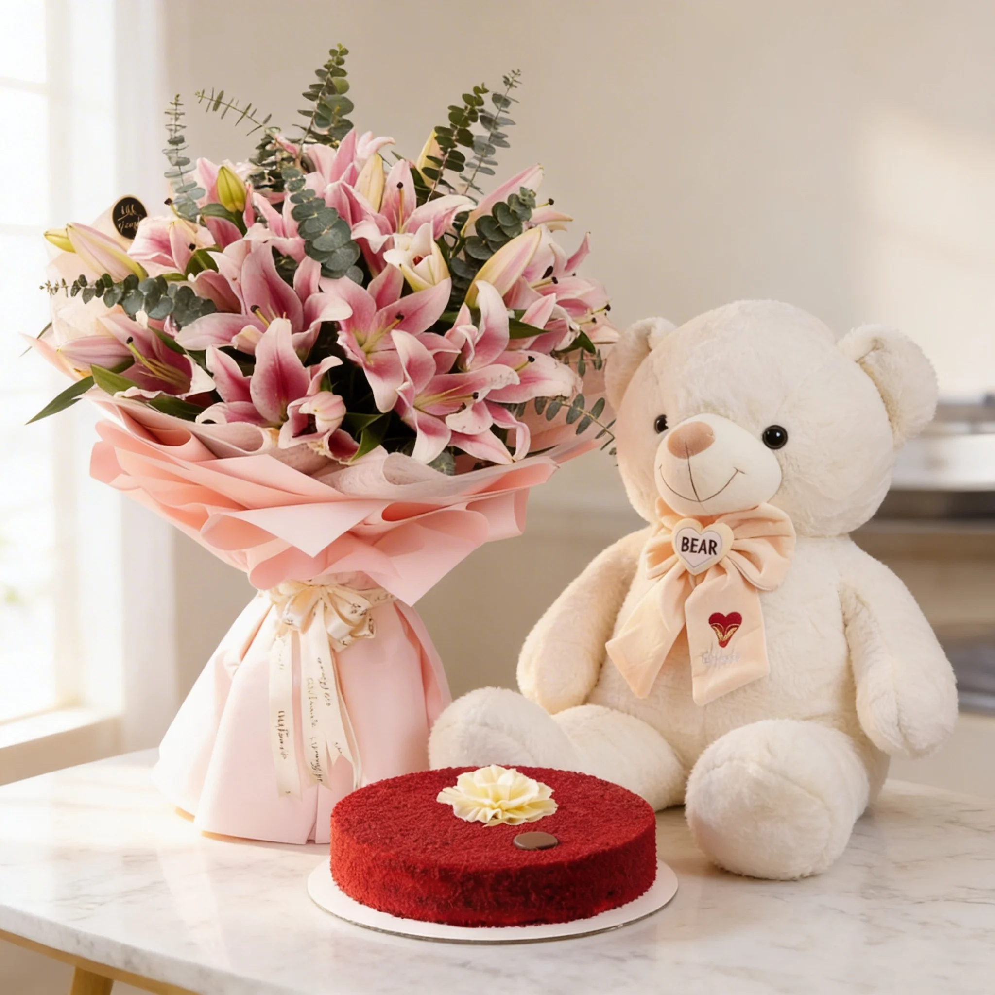 Pink Lilies with Teddy and Red Velvet Cake