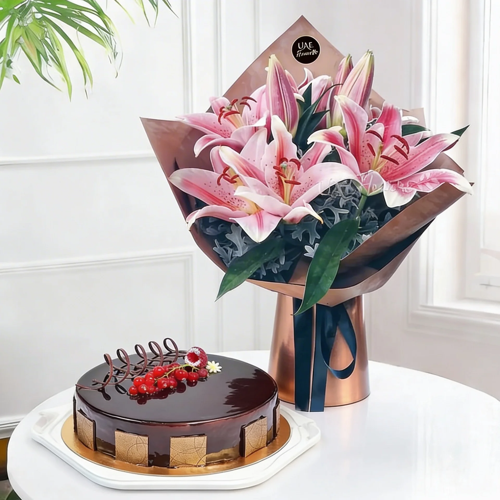 Pink Lilies with Dark Chocolate Sponge Cake