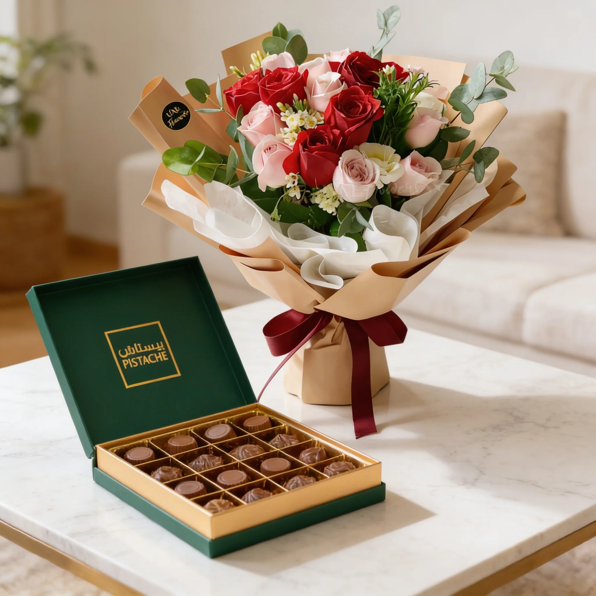 Pink and Red Roses with Pistache Chocolate Box