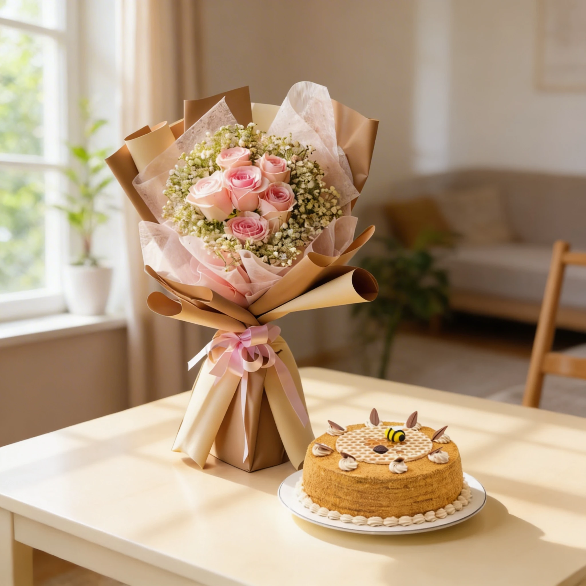 Bouquet of 6 pink roses with baby's breath in paper packing with ribbons and 1 kg Honey Cake.