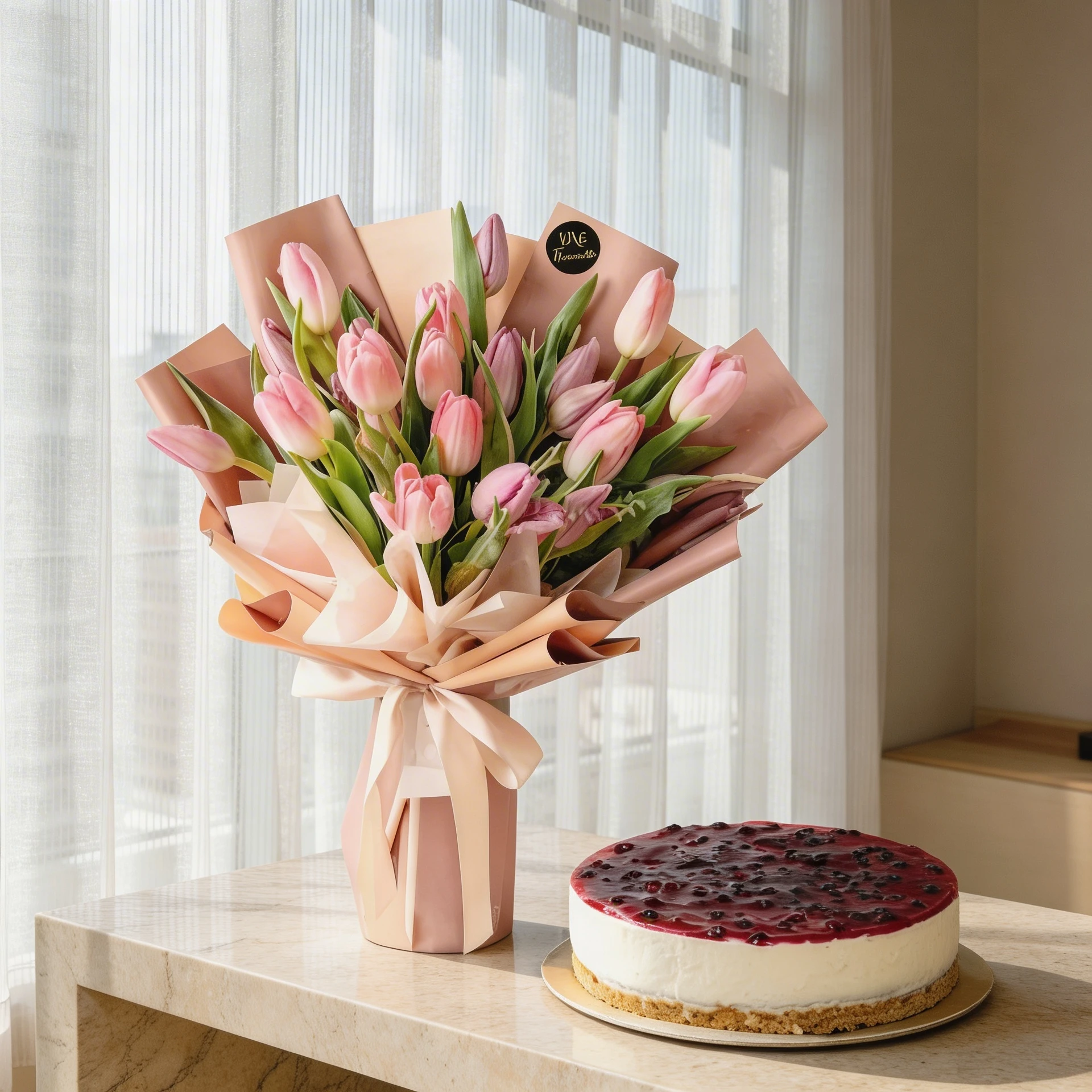 Bouquet of 20 pink tulips with fillers in pink wrapping and 1 kg Blueberry Cheesecake.