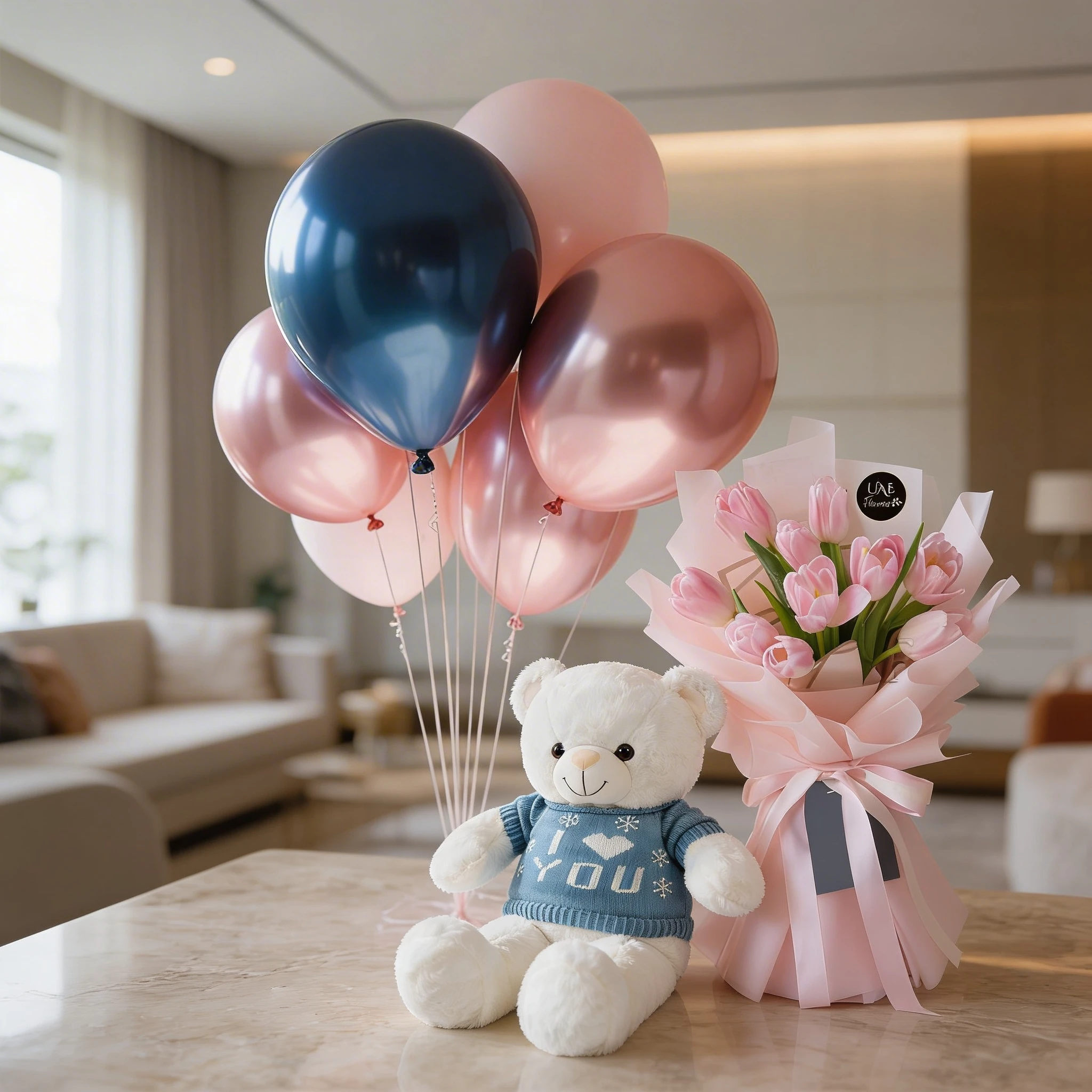 Bouquet of 10 Pink Tulips in a nice pink wrapping, Premium White Teddy Bear With T-shirt - 55cm, and Set of 1 blue and 4 pink latex balloons.