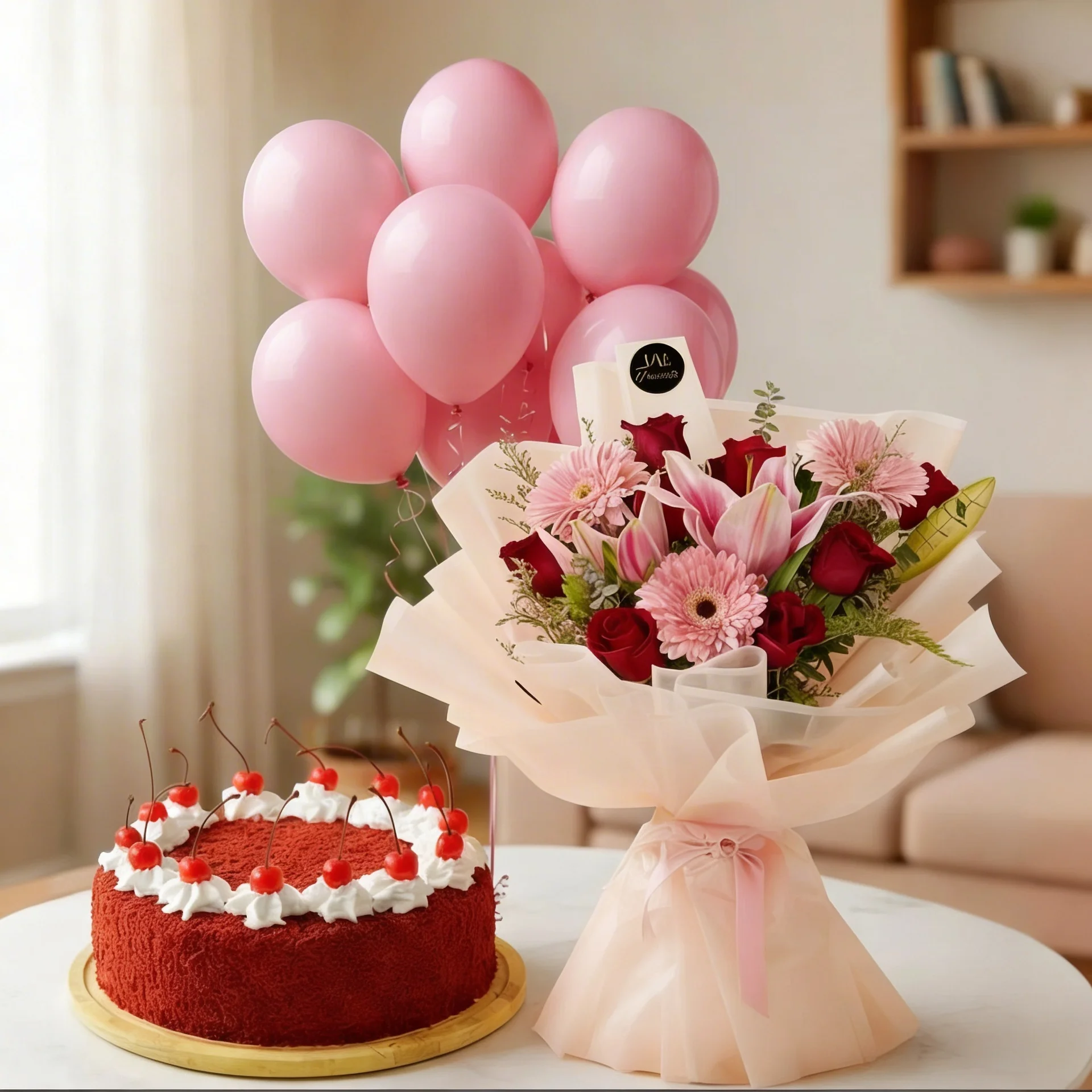Red Roses with Pink Balloons and Red Velvet Cake
