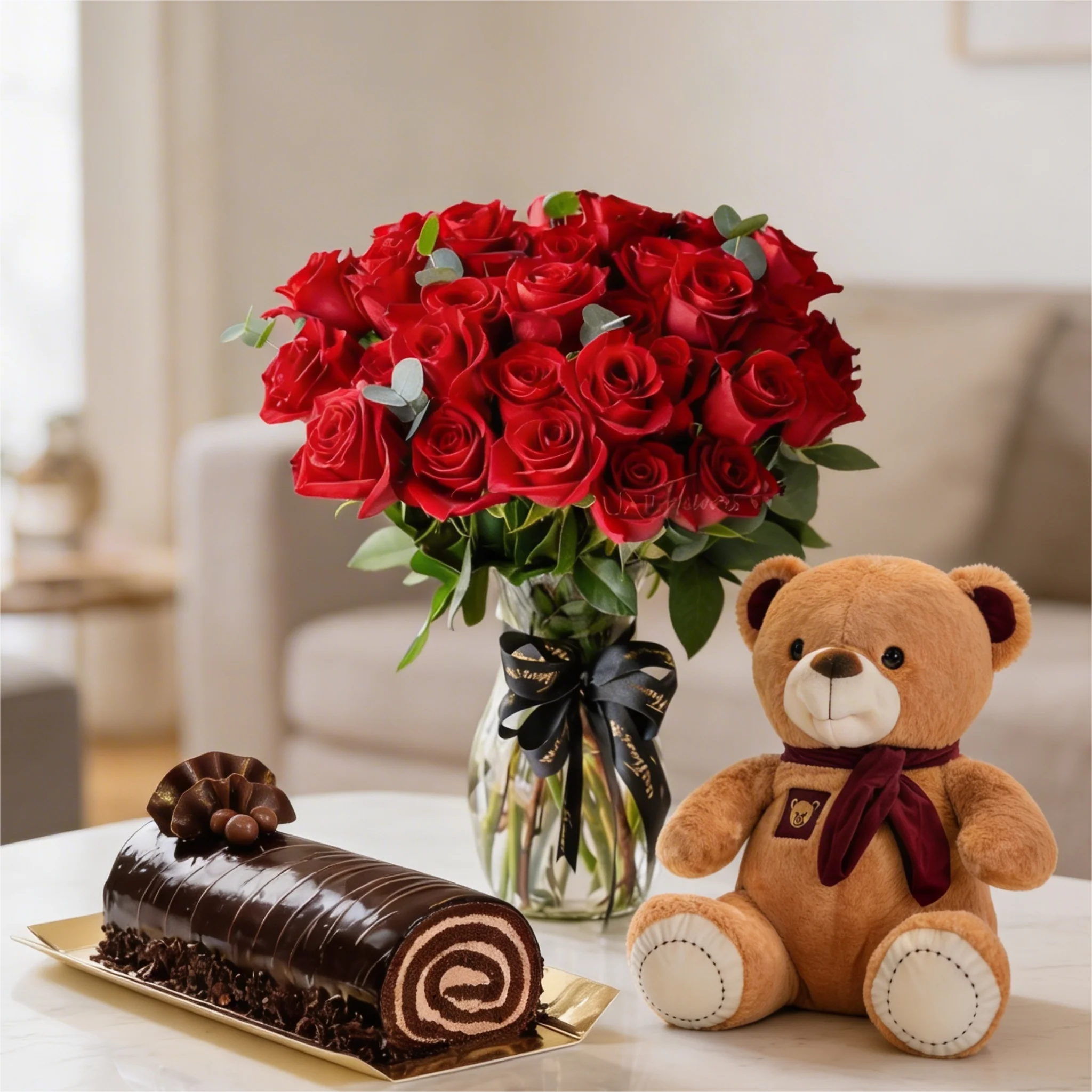 20 Red Roses with Teddy and Chocolate Swiss Roll