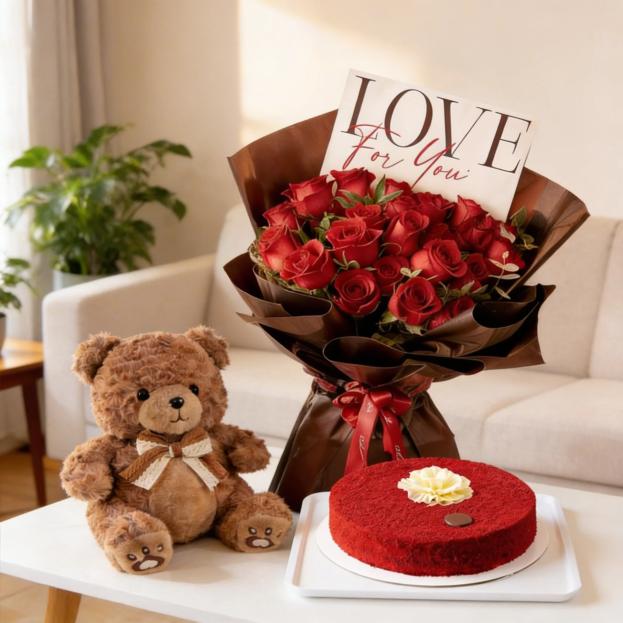 20 Red Roses with Teddy and Red Velvet Cake