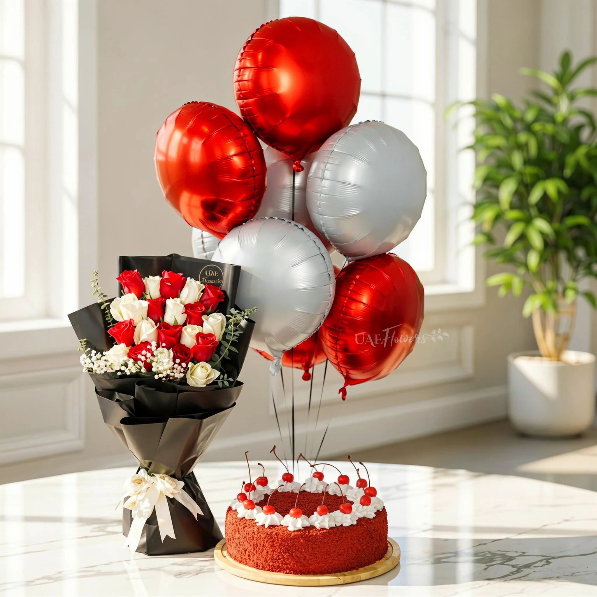Red & White Roses with Red Velvet Cake and Balloons