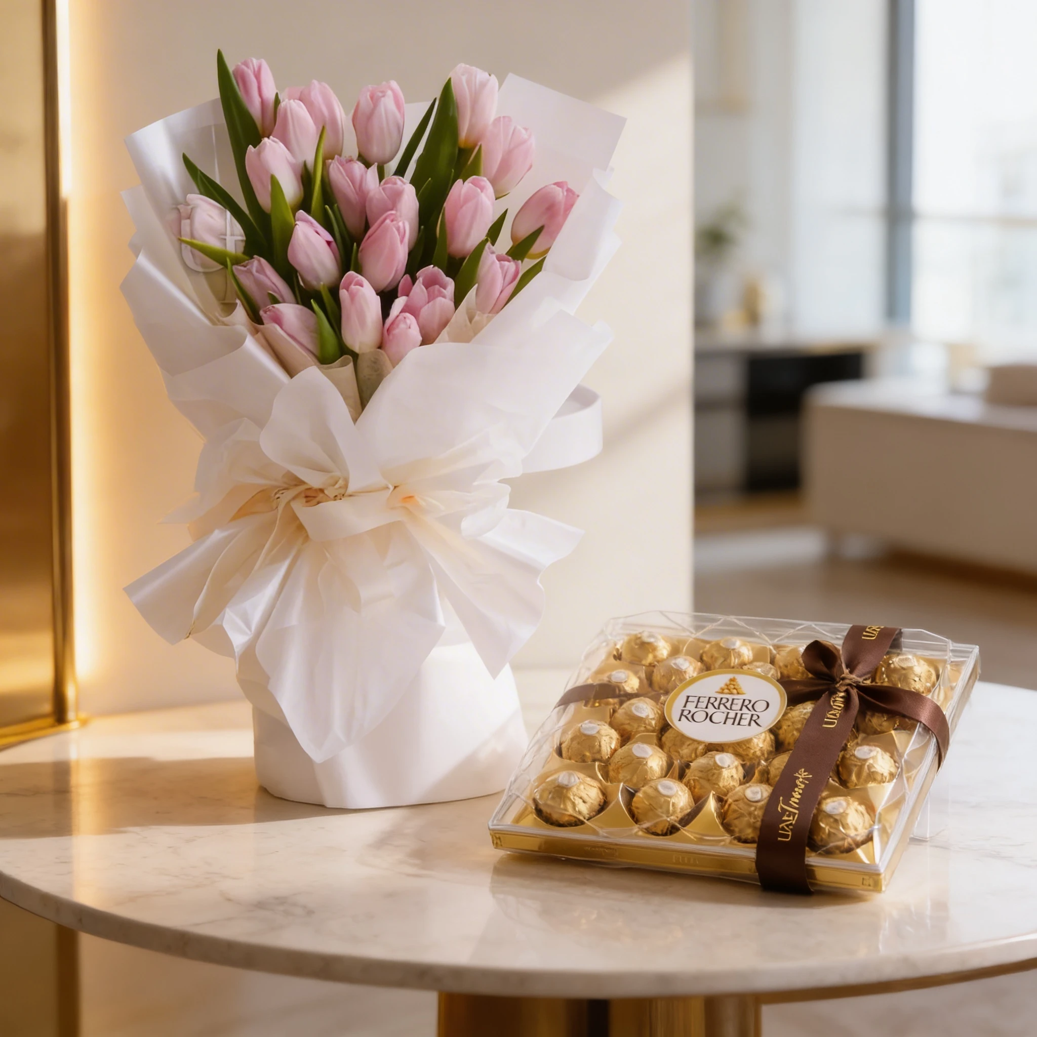 Bouquet of 20 pink tulips with fillers in paper packing with ribbons and 24Pcs Ferrero rocher chocolate.