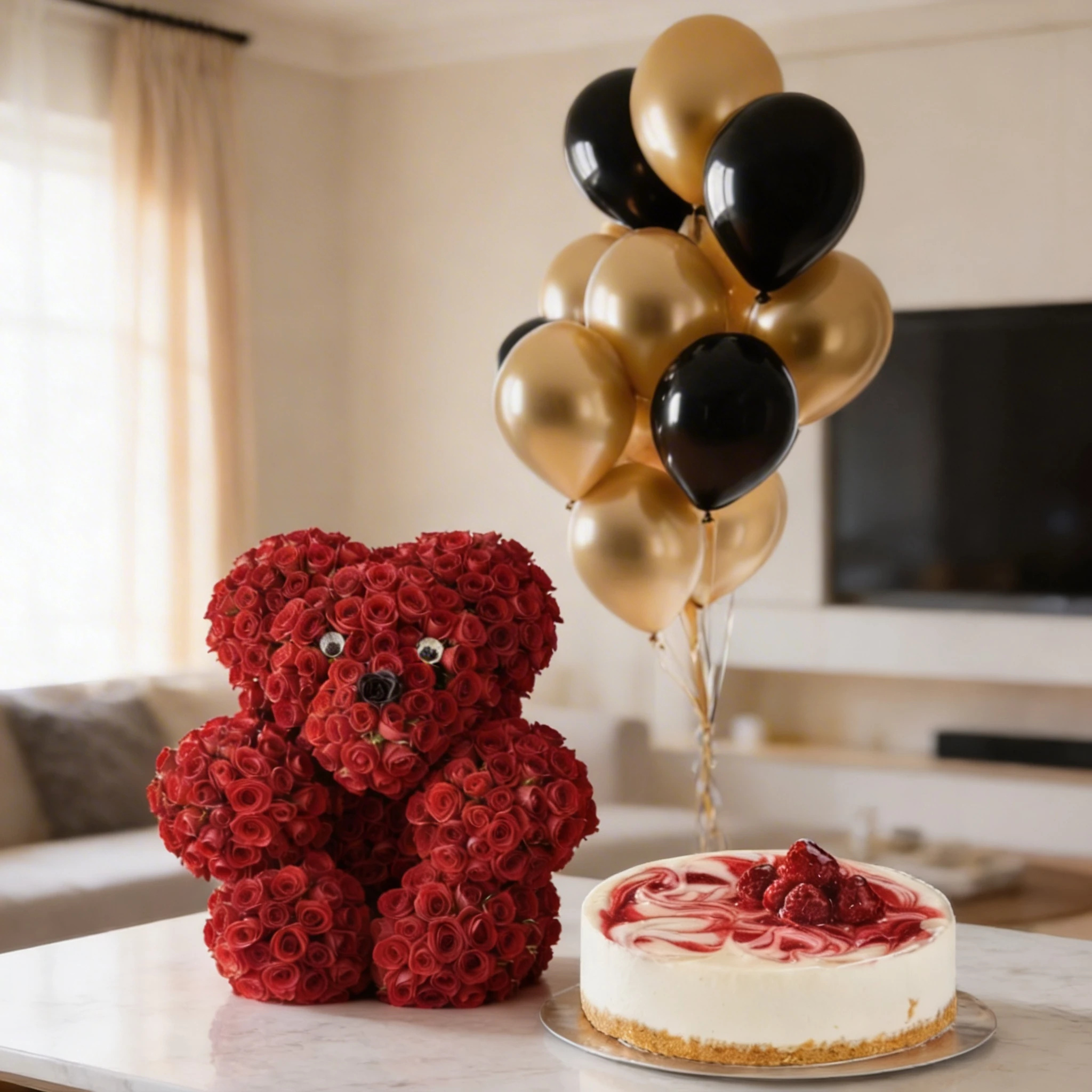 Teddy of Red spray roses, 1 Kg Raspberry Cheesecake and set of 5 black & 5 golden balloons.