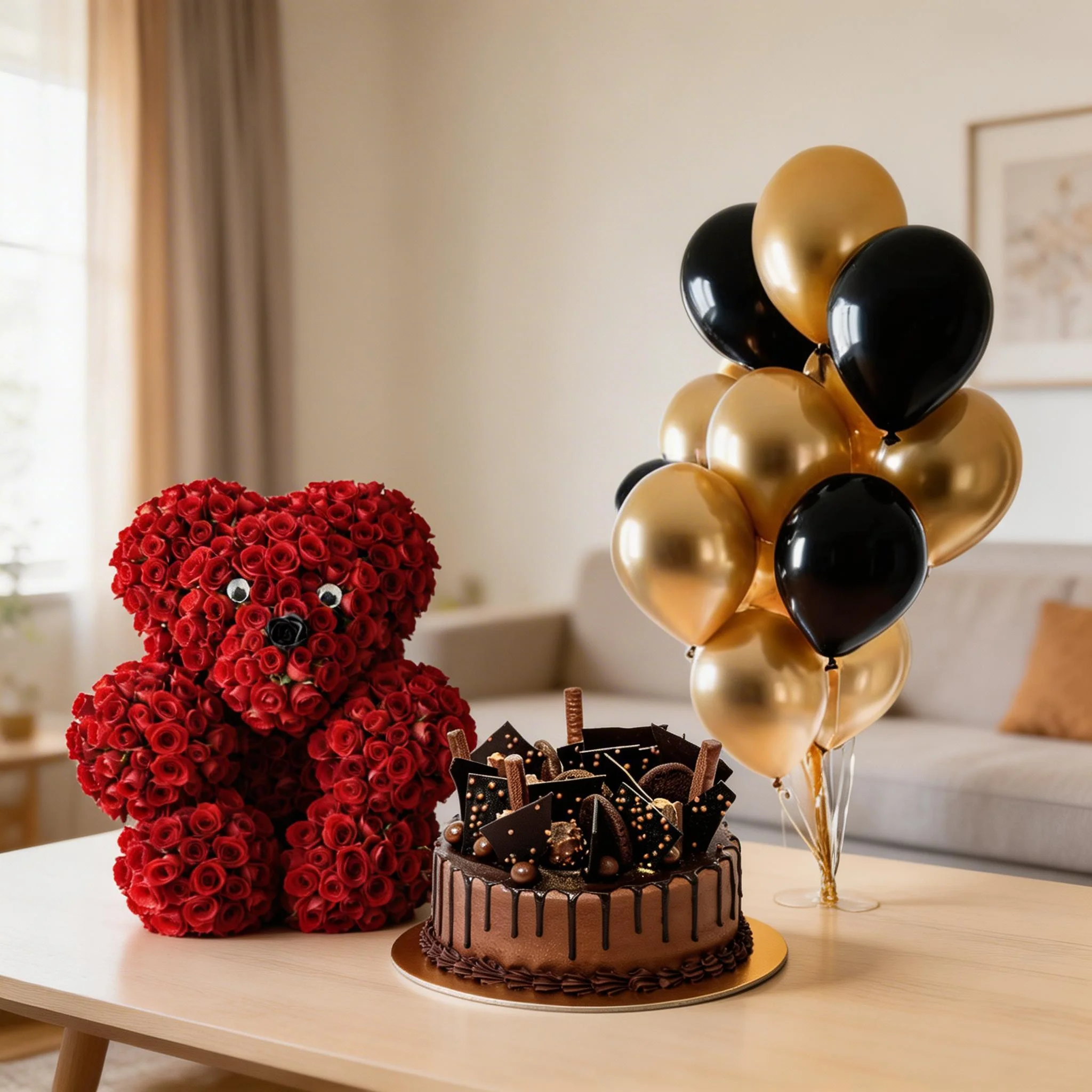 Red Rose Teddy with Chocolate Explosion Cake